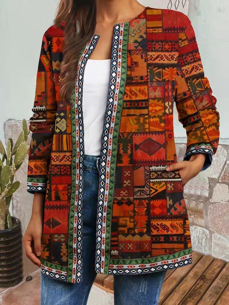 Women's Retro Ethnic Cardigan Jacket Long Sleeve Open Front Vintage Boho Floral Oversized Spring Coat with Pockets