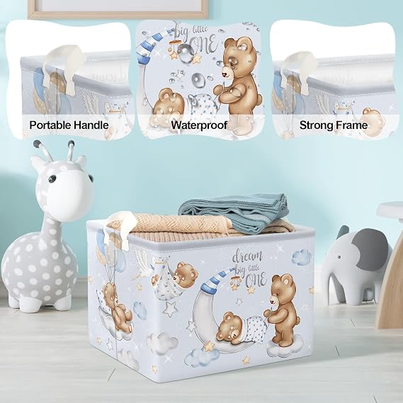 Clastyle Sleeping Bear Balloons Boy Shelf Basket Clouds Stars Moon Baby Shower Basket for Kids Room Blue Rectangle Clothes Toys Cube Storage Basket