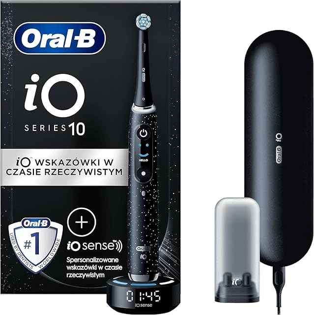 Oral-B iO Seria 10 Szczoteczka Elektryczna, Łączy się z Aplikacją Mobilną Oral-B, z Technologią Magnetyczną iO, 3 Końcówki, Etui Podróżne z Funkcją Ładowania, Czarna