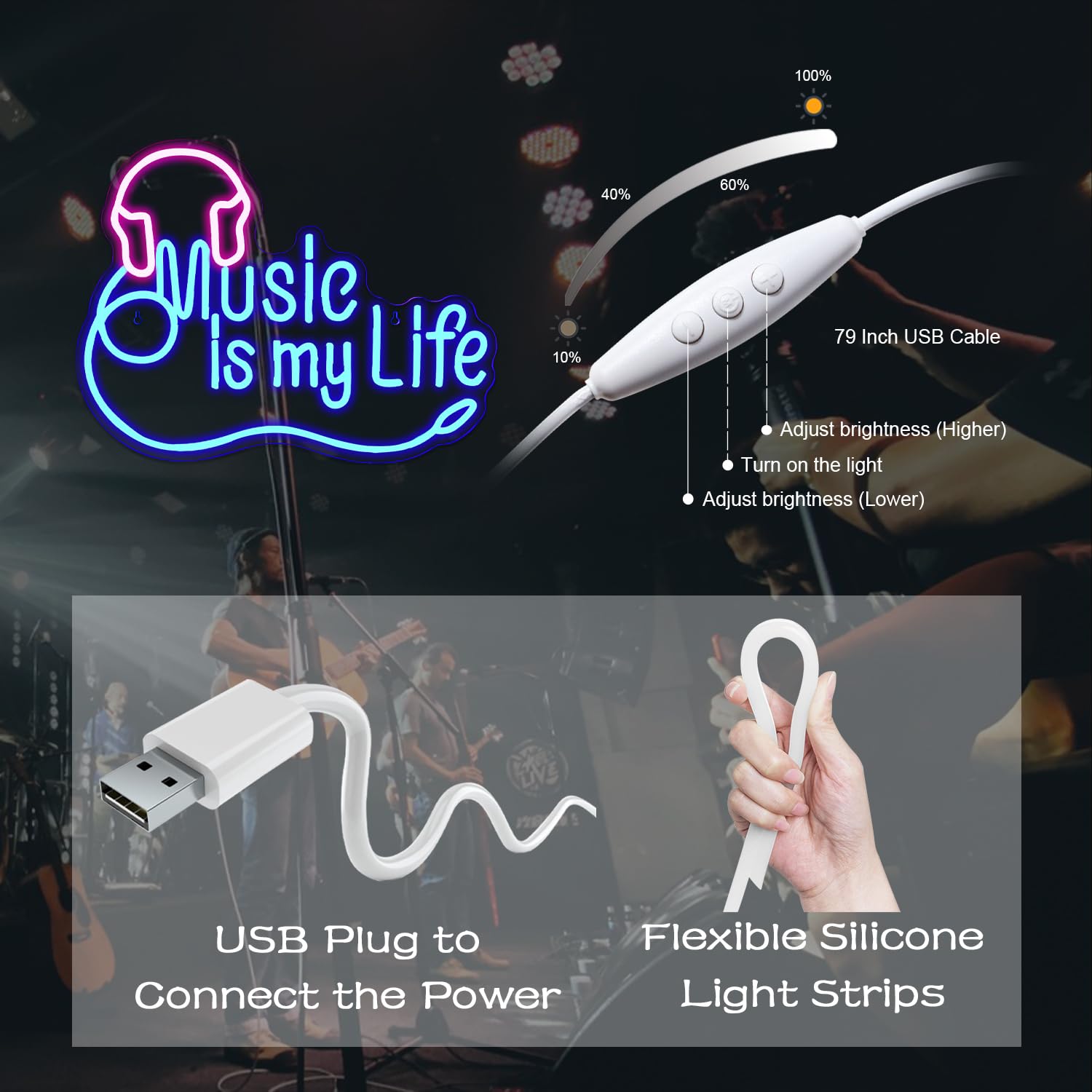 Looklight Music Is My Life Neonowy znak świetlny do dekoracji ścian, możliwość przyciemniania, różowe, niebieskie neonowe znaki LED ze słuchawkami do sypialni, studia muzycznego, klubu barowego i