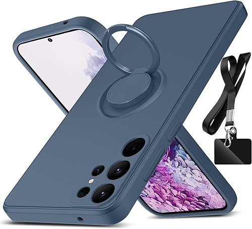 Funda para Samsung Galaxy S23 Ultra, con soporte de anillo giratorio de 360° y correa de silicona líquida, delgada, a prueba de golpes, funda
