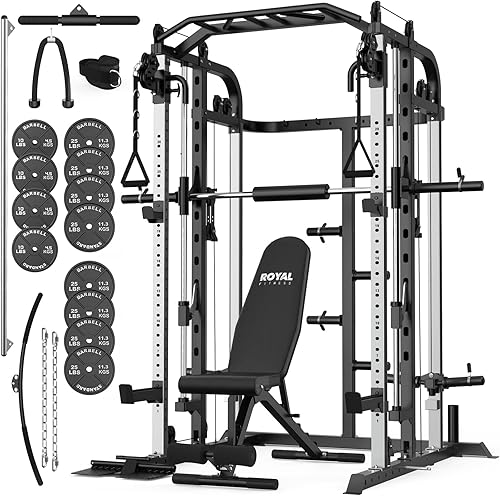 Miniatura 10 de Máquina Royal Fitness Smith, estante de jaula de potencia multifuncional con barra Smith y sistema de polea de cable, y máquina de tracción LAT para