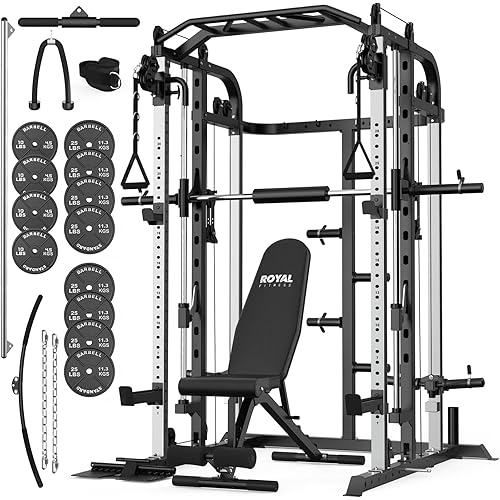 Smith Machine, Multifunctional Power Cage Rack with Smith Bar and Cable Pulley System, and LAT Pull Down Machine for Home Gym…