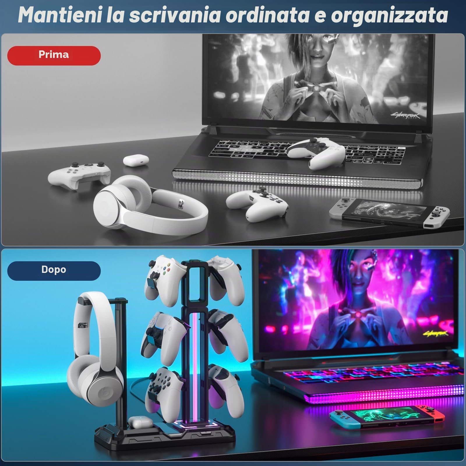 KDD Supporto Controller e Cuffie Gaming da Scrivania con 9 Modalità di Illuminazione e Gancio per Cuffie Ruotabile, Porta Controller con 6 Ganci Staccabili per PC Desktop Accessori Gaming Nero
