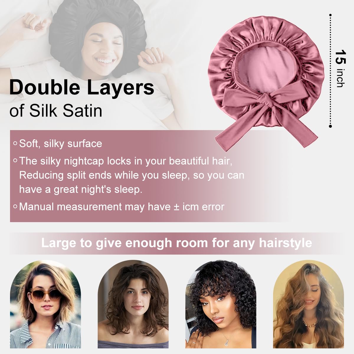 Double Layer Shower Cap for Women with Bowknot, Satin Night Reusable Bonnet for Straight Wavy & Curly Hairs - Image 2