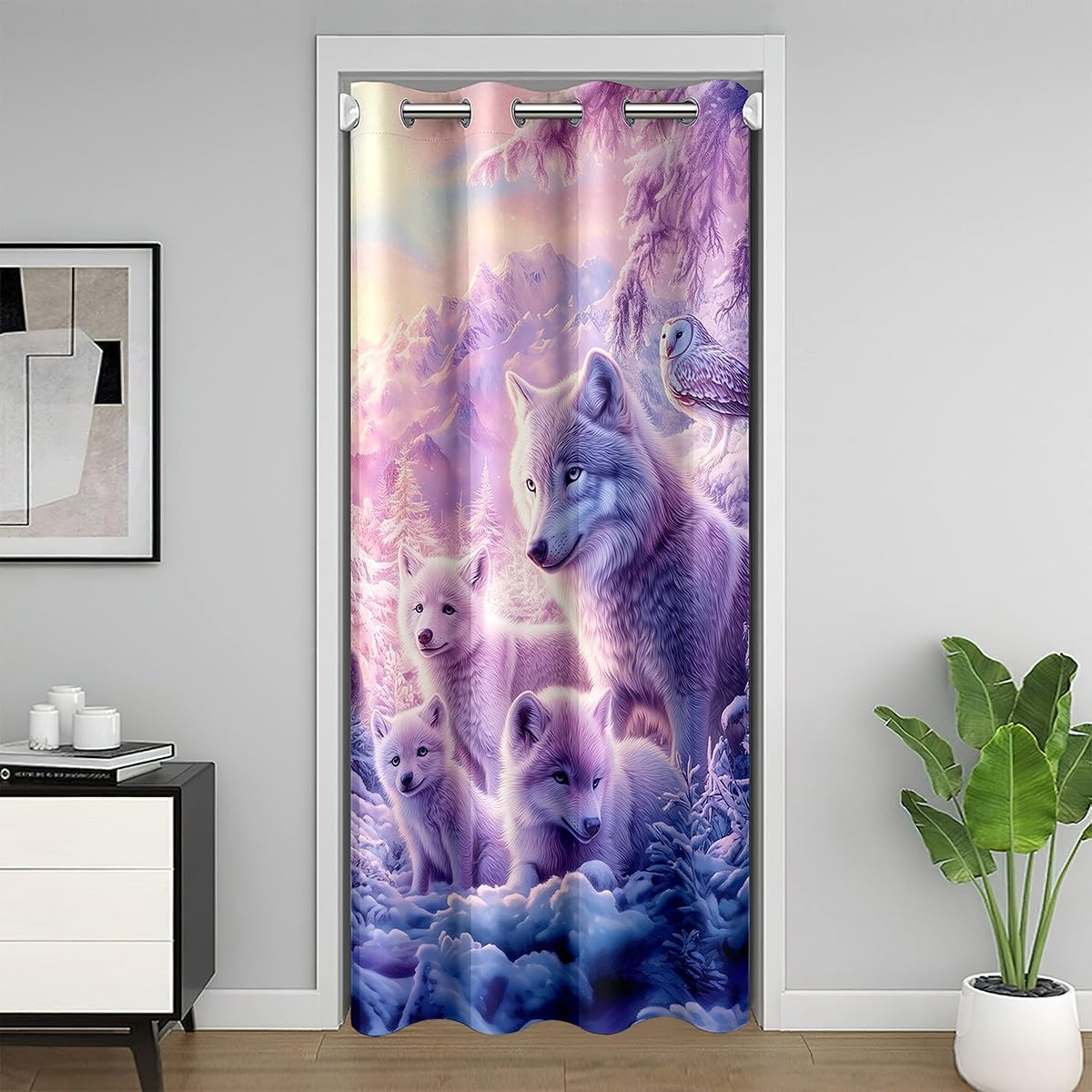 Snow Wolf Door Curtain 1 Panel,34" W X 80" L,Safari Animals Jungle Adventure Doorway Curtain for Privacy,Natural Snow Trees Door Drape for Living Room Decor, Woodland Cool Wildlife Blackout Curtain