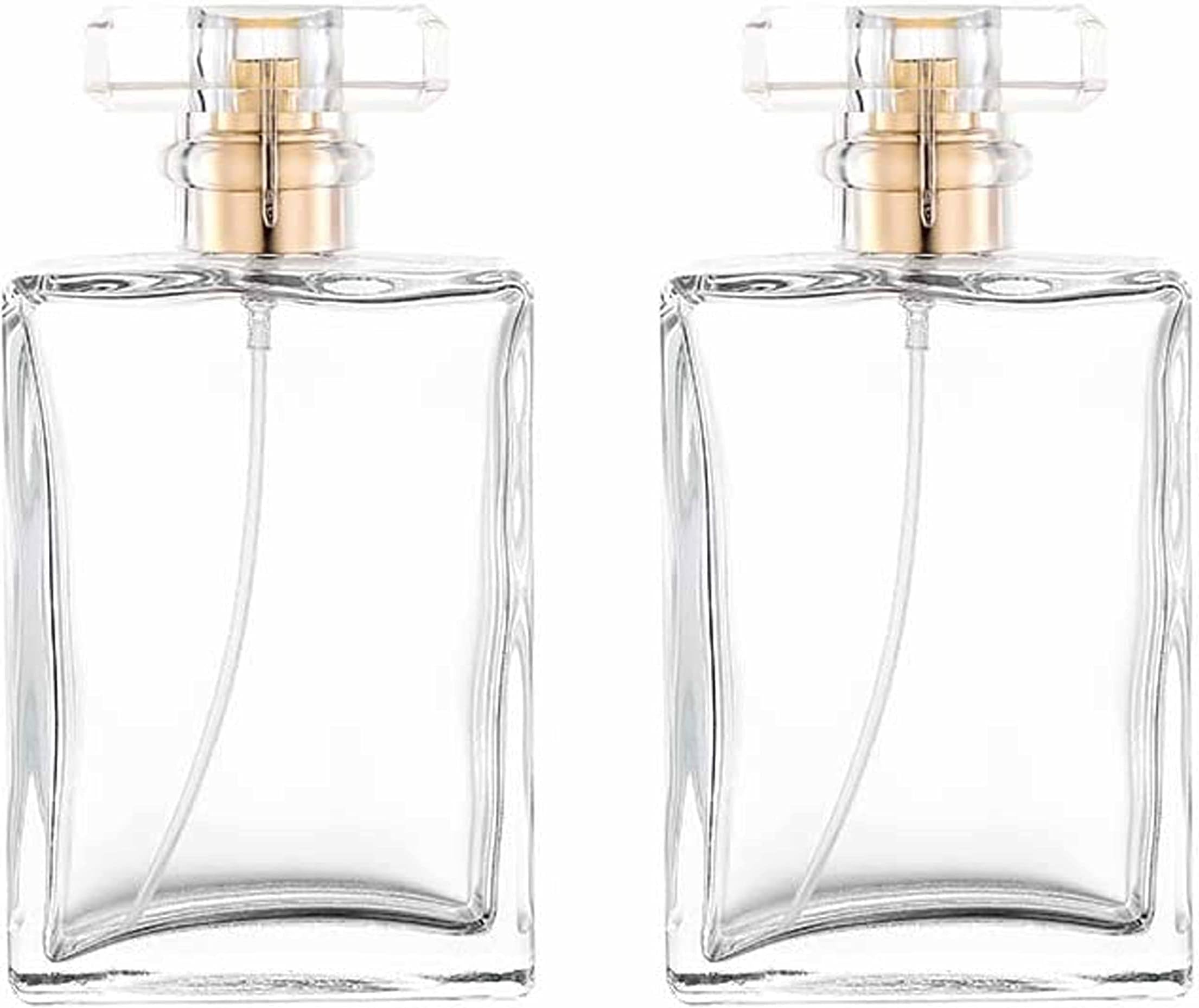 Hunky Dory 2pcs 100ml Empty Clear Glass Delicated Perfume Decant Spray Bottles with Metally Pump and Unique Cap For DIY Perfume, Essential Oils, Rose Water, Travel Use