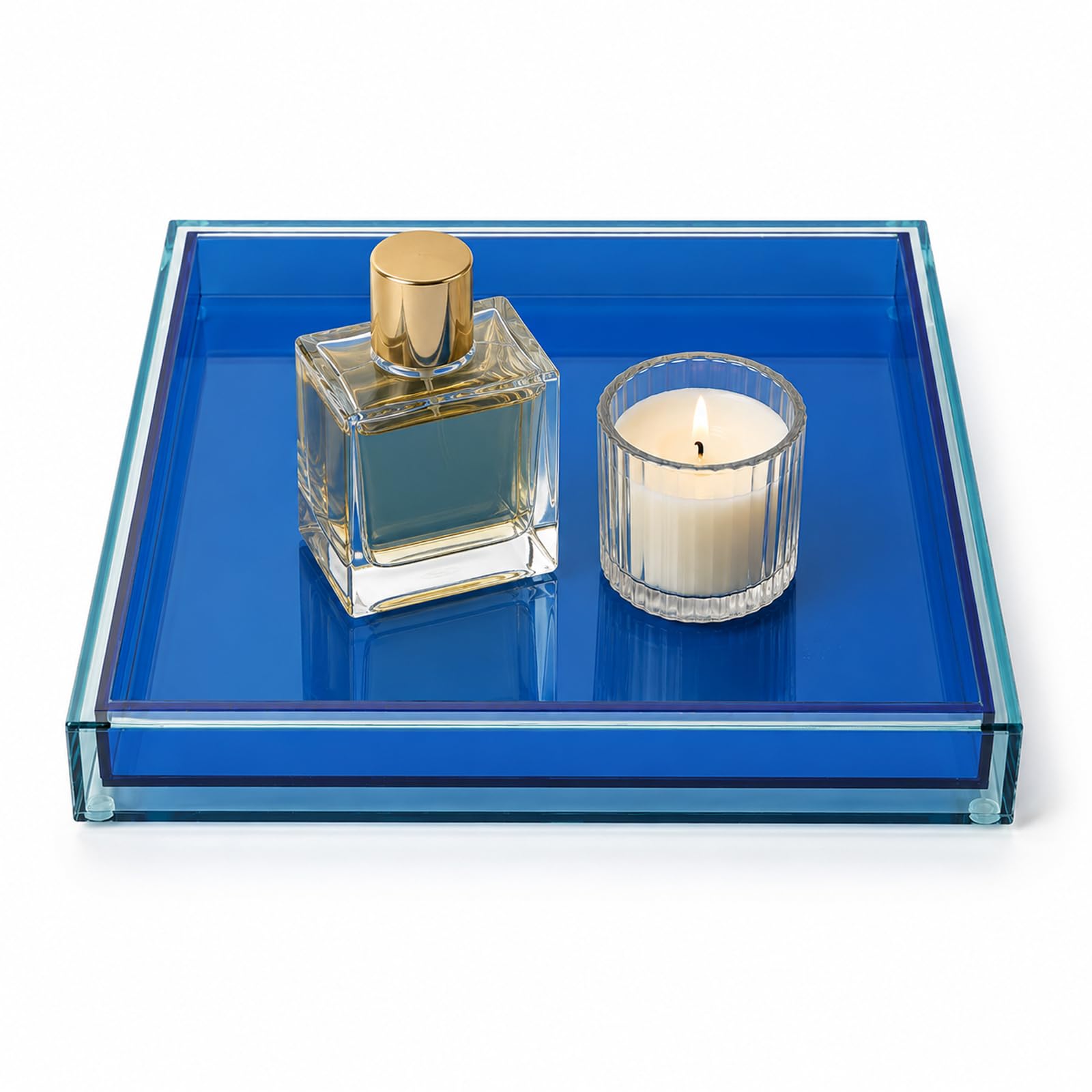 Plateau décoratif acrylique bleu pour sublimer la table basse du salon ou la coiffeuse