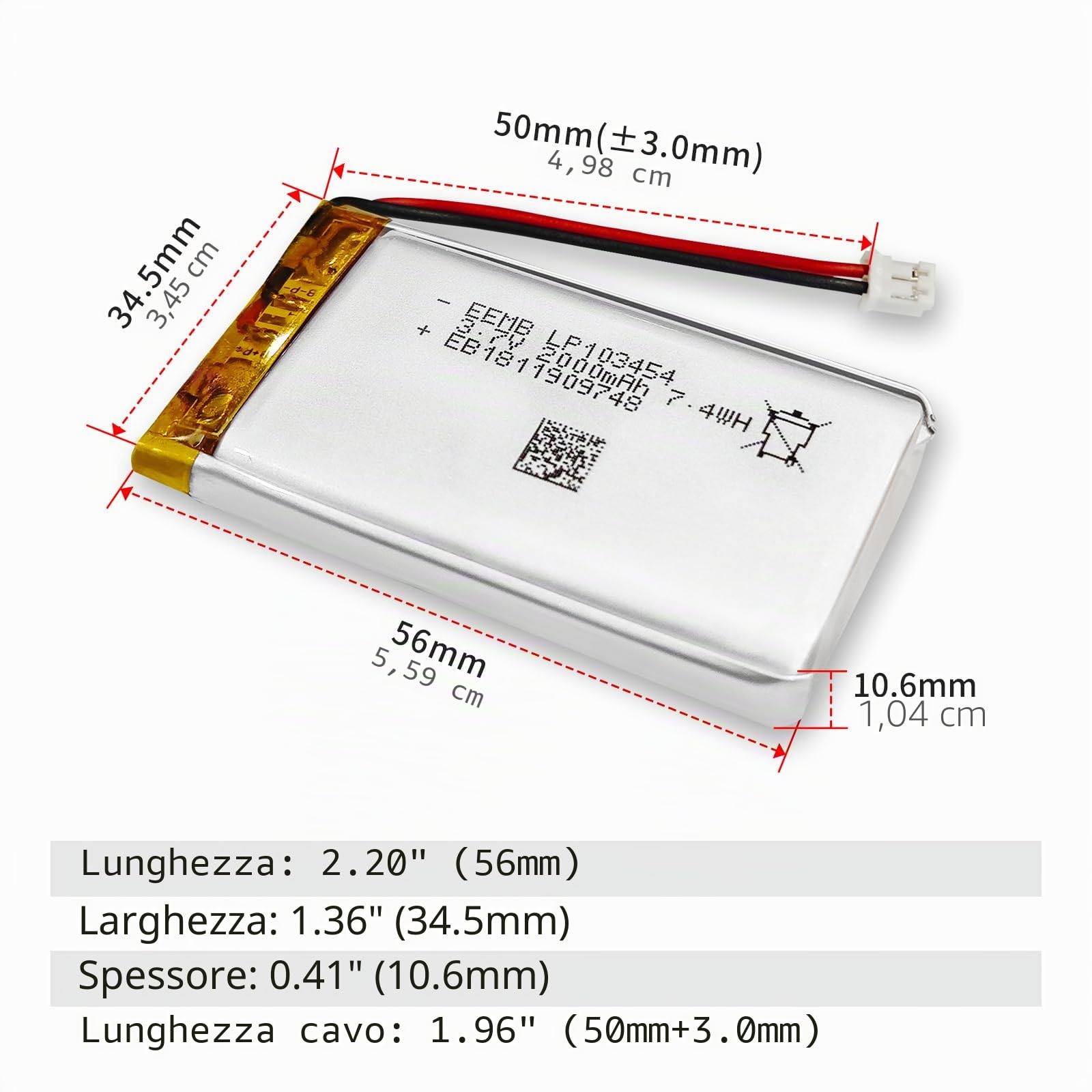 EEMB 3.7V 2000mAh 103454 Lipo Batteria ricaricabile agli ioni di polimero di litio con connettore JST-Assicurarsi che la polarità del dispositivo corrisponda alla batteria prima dell'acquisto!!!