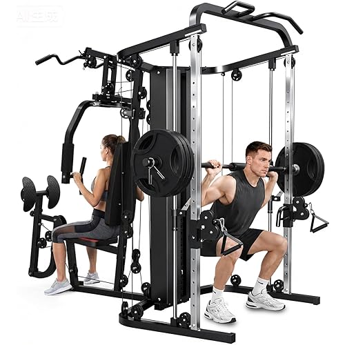 SunHome Multifunction Home Gym Equipment Workout Station, Smith Machine with 138LB Weight Stack, Leg Press, LAT Station for Full Body Training