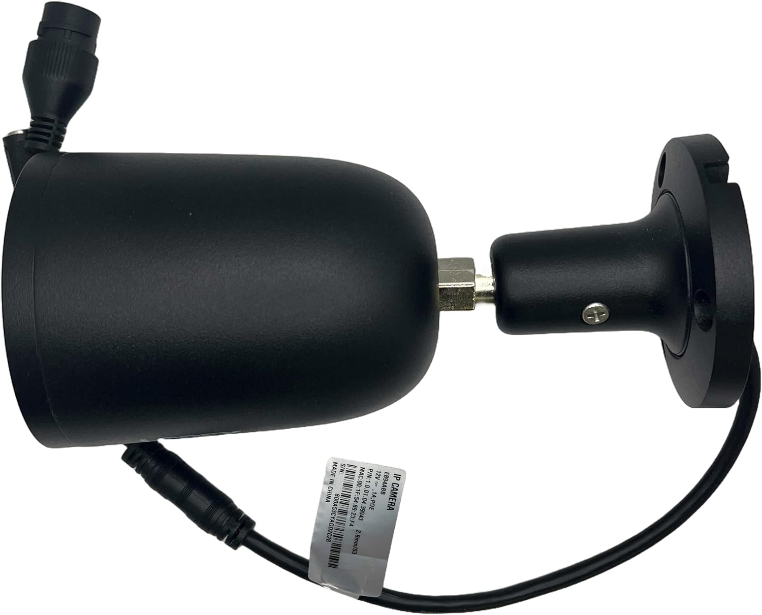 Side view of a Lorex bullet camera showing the attached power and Ethernet cable connections.