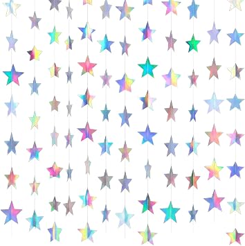 52 Feet Holographic Iridescent Star Paper Garland, Reflective Star Bunting Banner Hanging Decoration, Glitter Bunting Stars Garland for Birthday Wedding Holiday Baby Shower Anniversary Theme Party