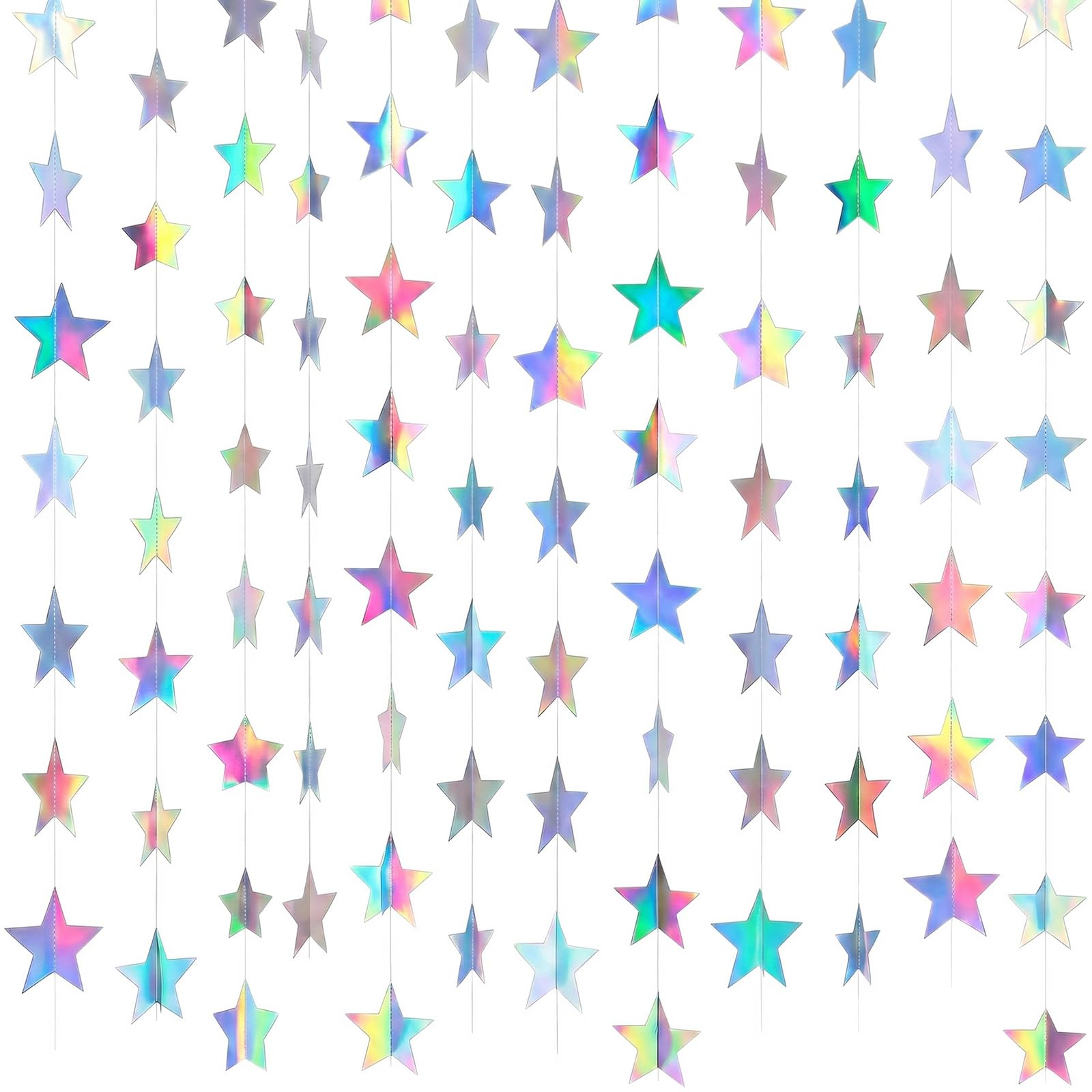 52 Feet Holographic Iridescent Star Paper Garland, Reflective Star Bunting Banner Hanging Decoration, Glitter Bunting Stars Garland for Birthday Wedding Holiday Baby Shower Anniversary Theme Party