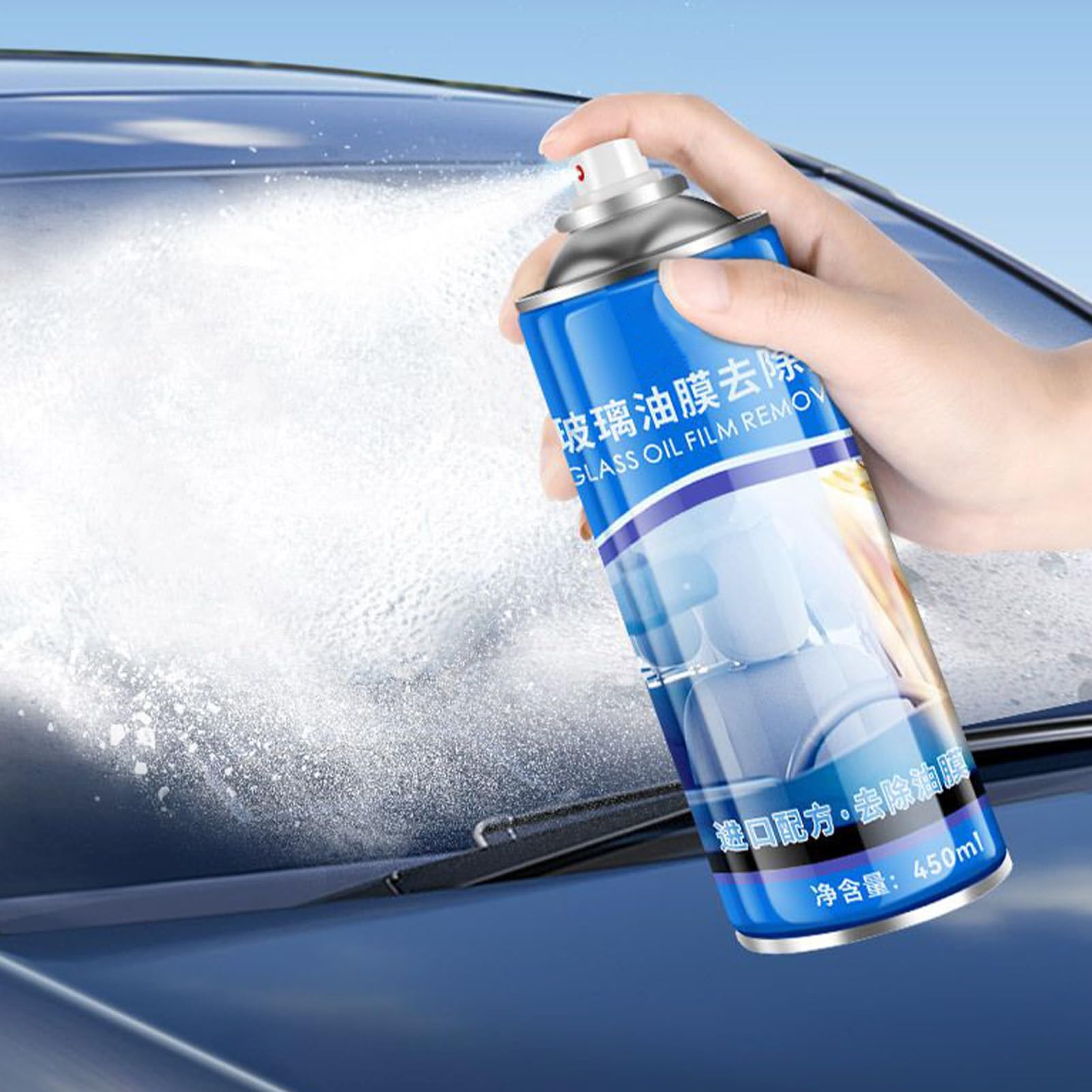 Nettoyant Pour Vitre De Voiture - Nettoyant Vitres Film Gras Avec Éponge Et Microfibre Pour Voiture Camion,Bombe Nettoyante 450ml Anti-Buée Pour Pare-brise De Véhicules