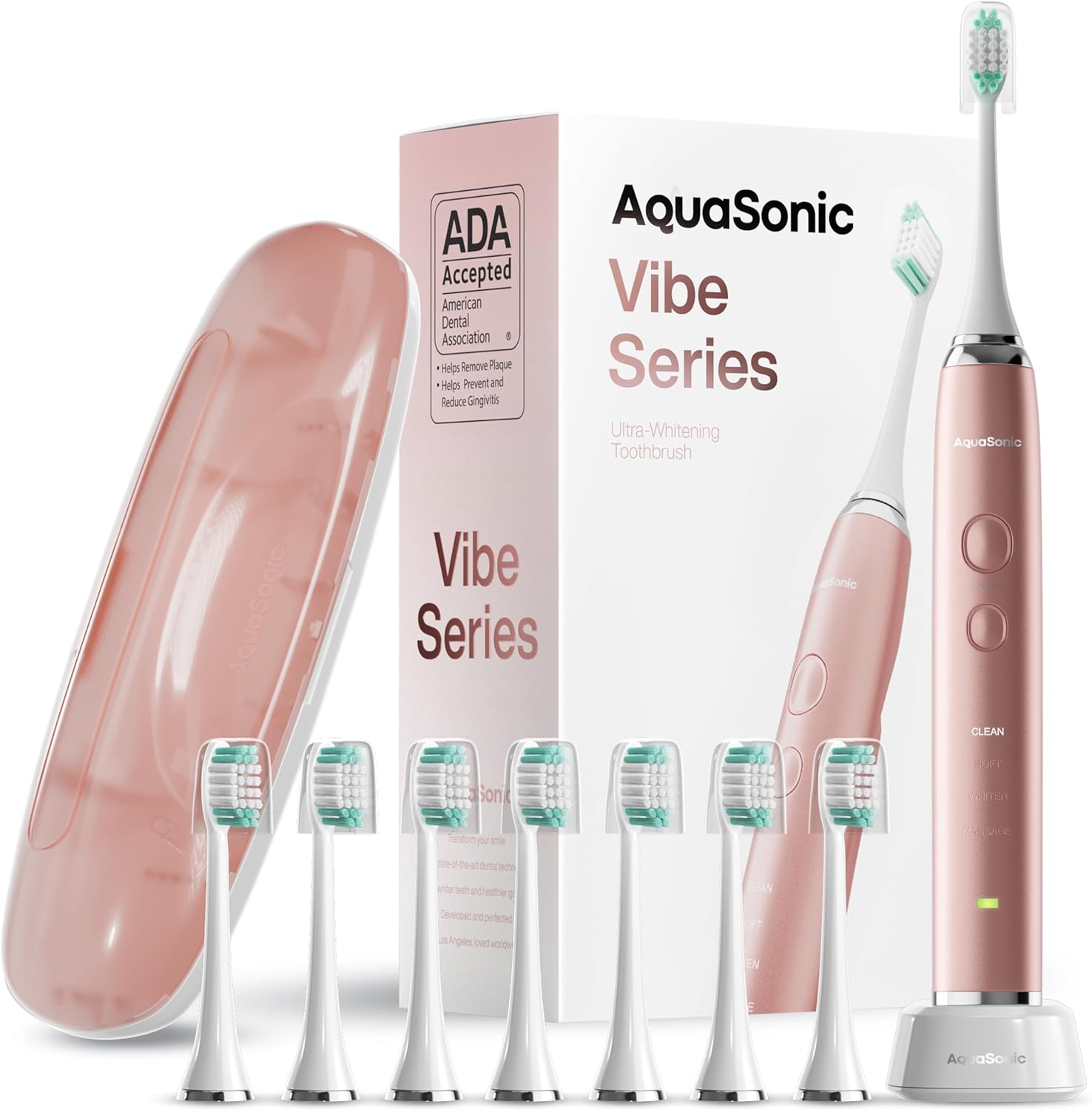 Aquasonic Vibe Series Ultra-Whitening Toothbrush – ADA Accepted Electric Toothbrush – 8 Brush Heads & Travel Case – 40,000 VPM Motor & Wireless Charging – 4 Modes w Smart Timer – Satin Rose Gold