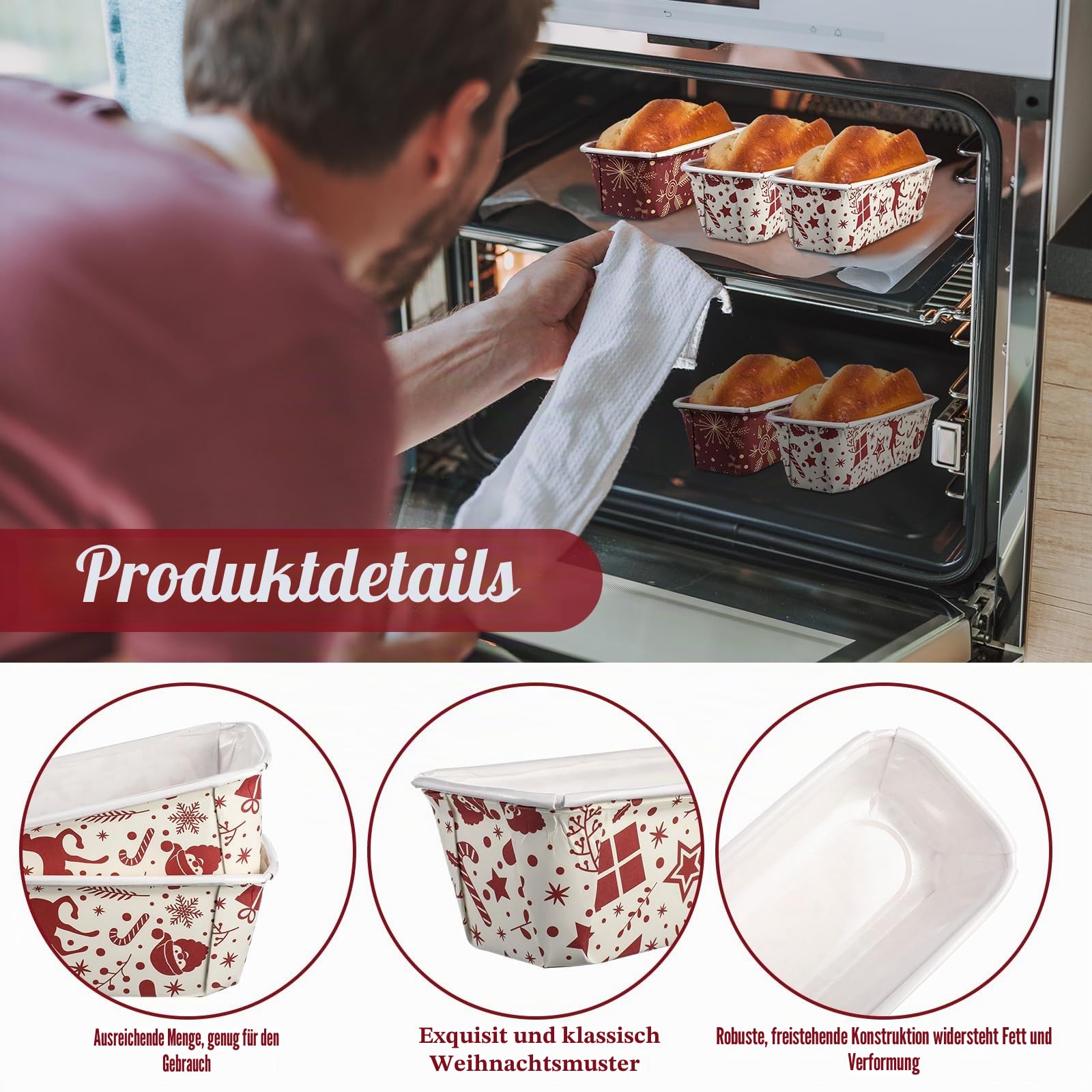 Teenyyou 50 Sets Weihnachts-Papier-Kastenform 16,3 x 5,6 x 5,6 cm, Mini-Einweg-Brotformen mit transparenten Plastiktüten und Bändern, rechteckige Backform für Brot, Kuchen, Backen (eleganter Stil)