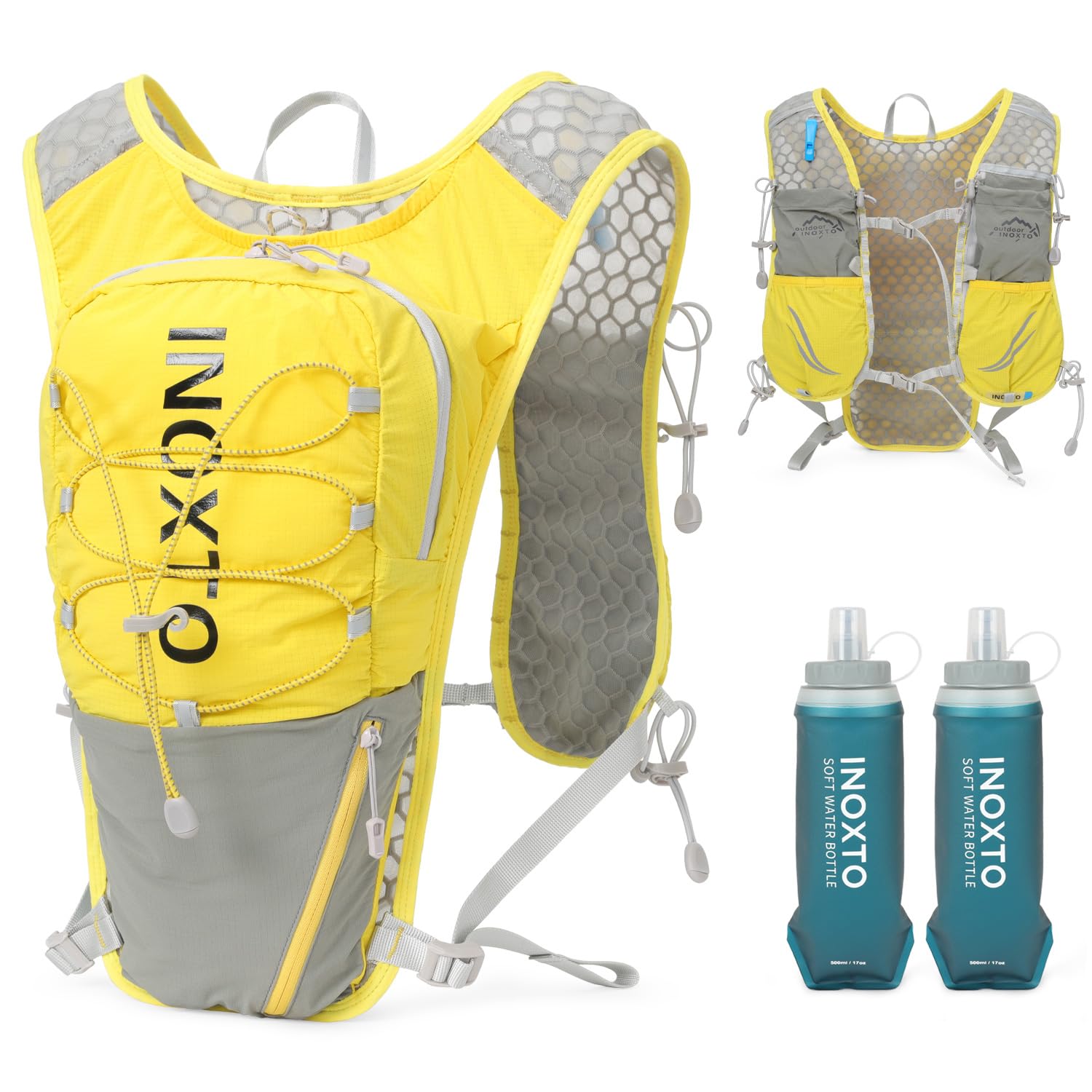 IX INOXTO Running Vest for Women Men, Adjustable Chest Straps Running Hydration Vest with 500ml Soft Flask, Lightweight Breathable Reflective