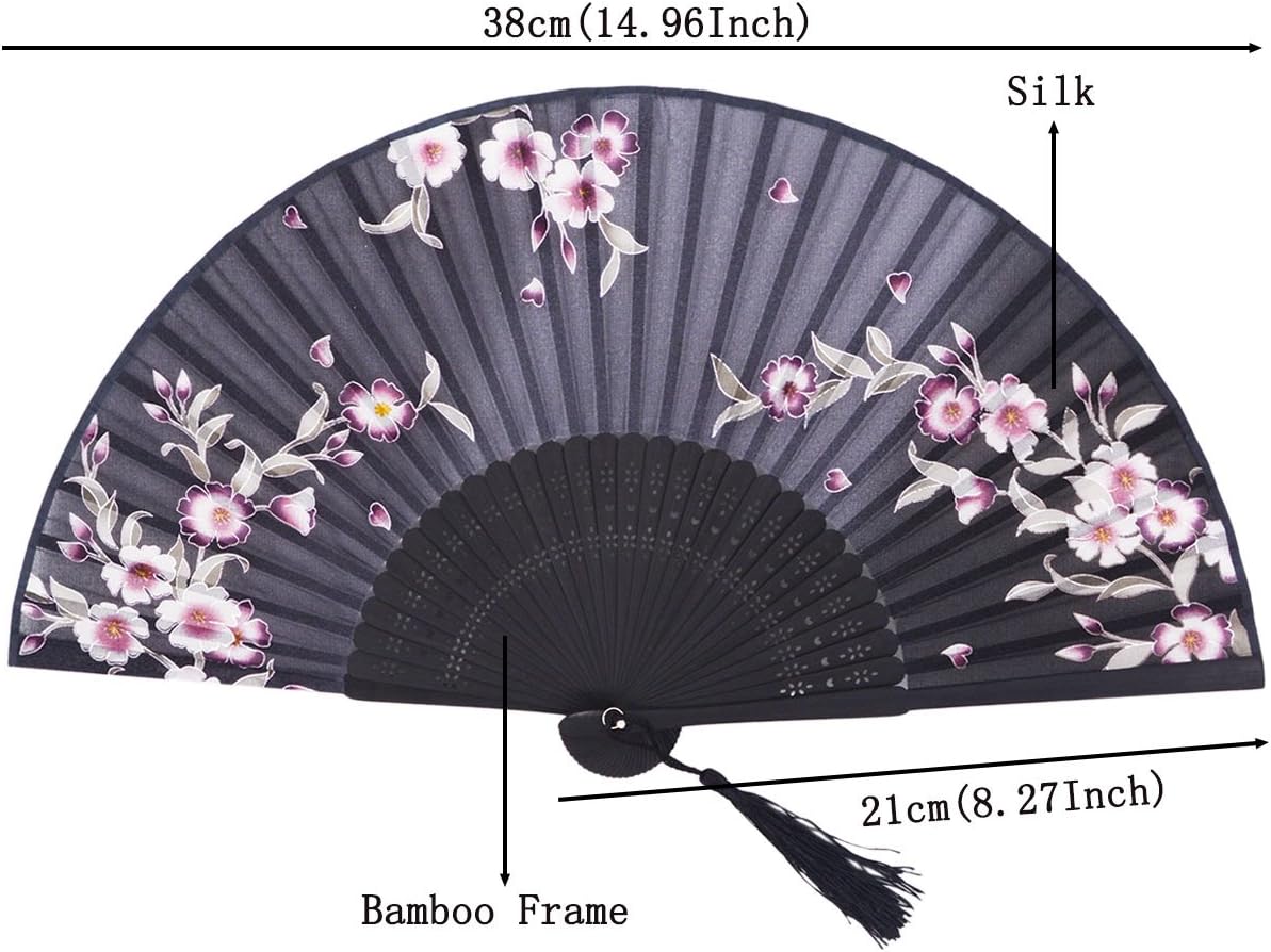 Charming Elegant Modern Woman Handmade Bamboo Silk 8.27" (21cm) Folding Pocket Purse Hand Fan/Chinese Japanese Vintage Retro Style Handheld Folding Fan (Black)