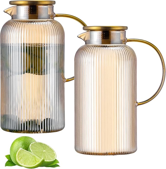 2 PACK Glass Pitcher with Lid, 68 oz/ 2 Liter Amber Classic Vertical Stripes Water Pitcher,Glass Water Carafe for Cold Brew, Coffee, Lemonade, Iced Tea,Beverage, Heat Resistant Water Glass Jug