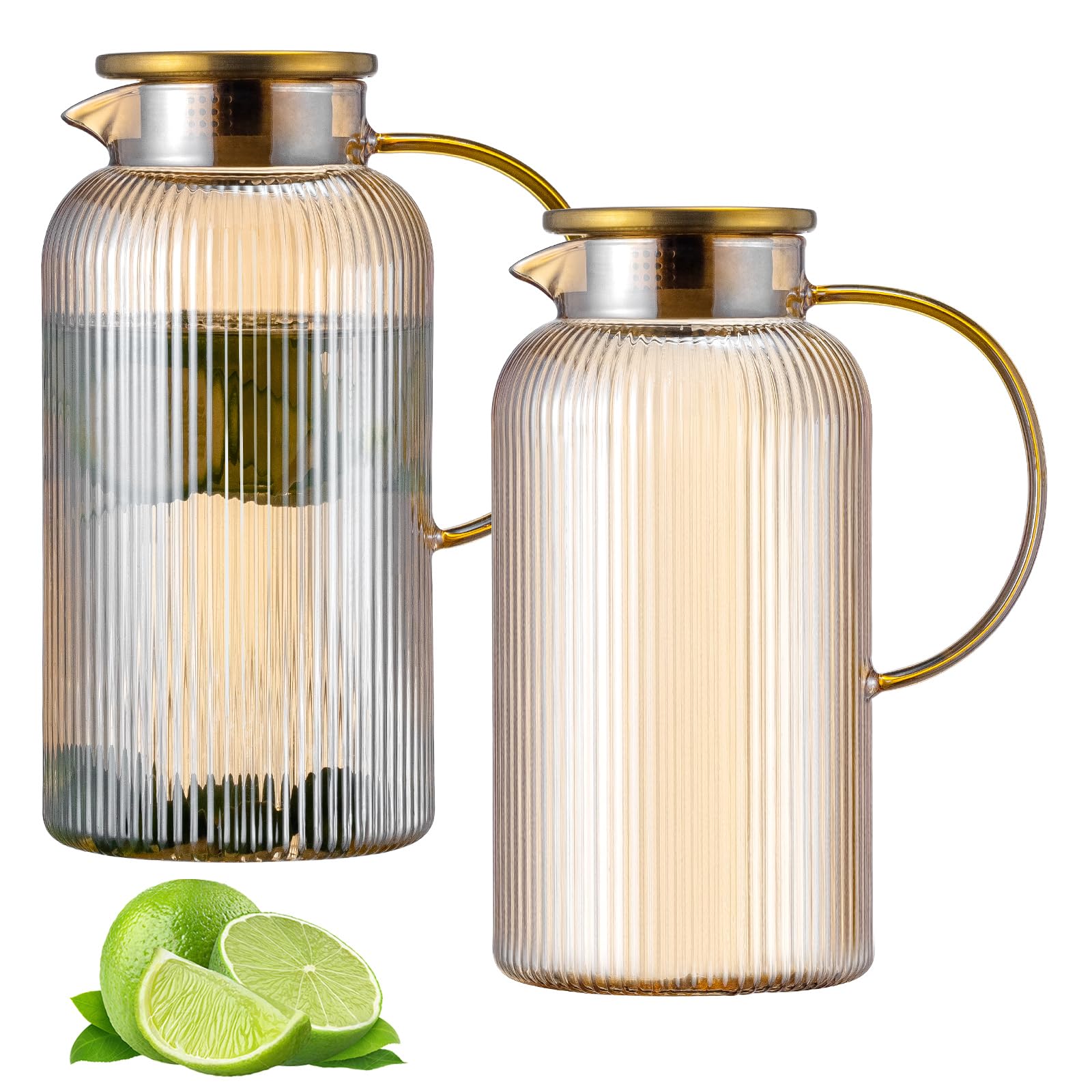 Photo 1 of Buaic 2 PACK Glass Pitcher with Lid, 68 oz/ 2 Liter Amber Classic Vertical Stripes Water Pitcher,Glass Water Carafe for Cold Brew, Coffee, Lemonade, Iced Tea,Beverage, Heat Resistant Water Glass Jug