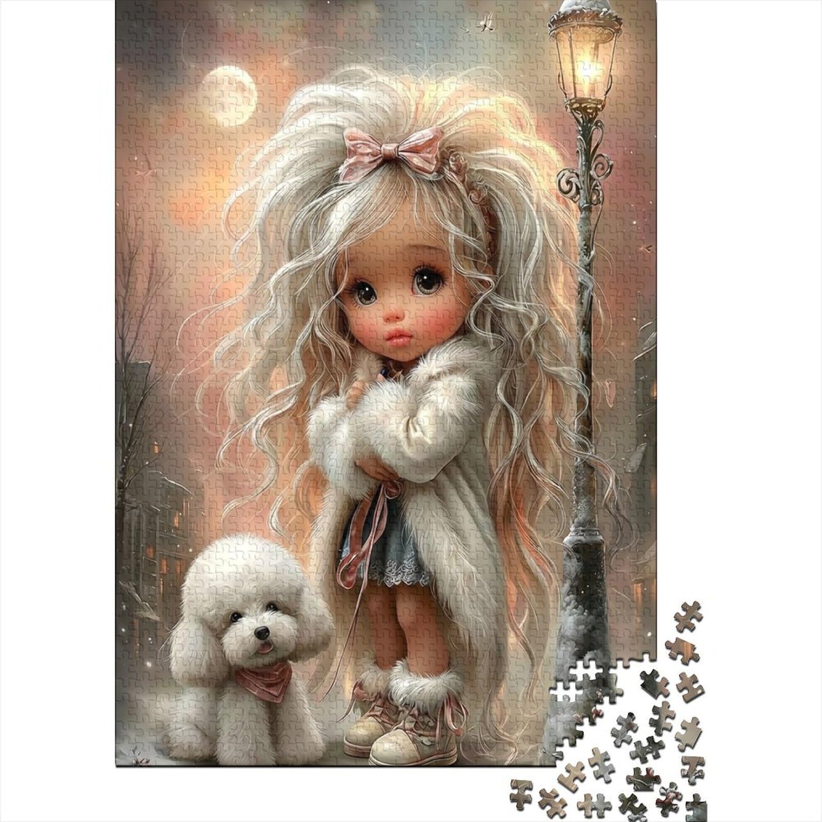 long hair girl with white poodle 1000 piece jigsaw puzzle paperboard night street lamp moonlight for adults home decoration — image 1