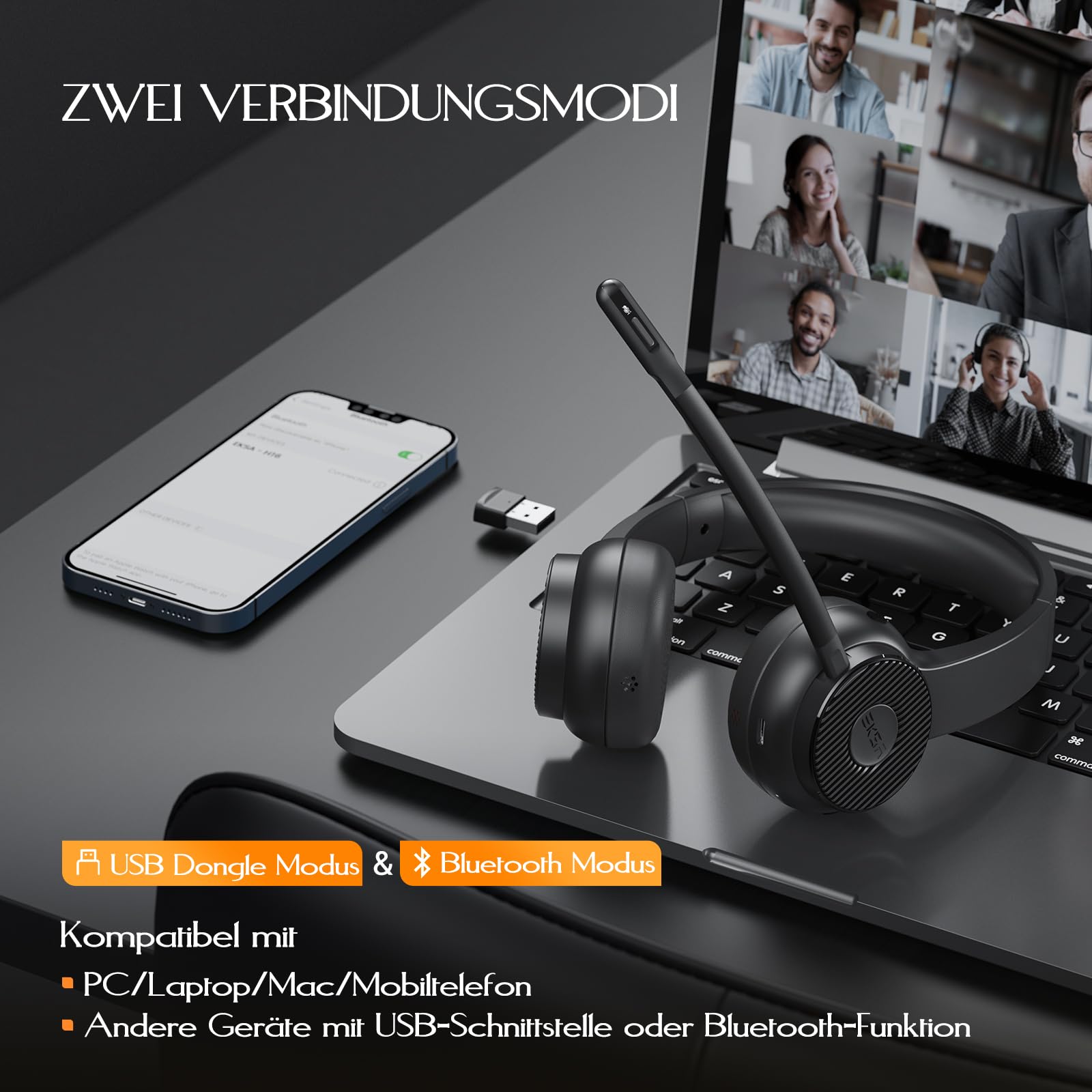 EKSA H16 Wireless Headset, Bluetooth 5.2 Headset mit Mikrofon & USB Dongle [Bis zu 55 Stdn & 15 Meter Reichweite] Kopfhörer Kabellos mit AI Noise Cancelling Mic für PC Skype Zoom Laptop BüroTelefon
