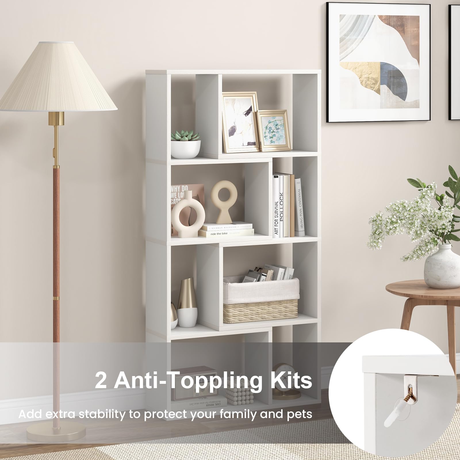 HOMASIS Libreria da Parete a 4 Ripiani, Libreria Scaffale con Piedini Antiscivolo e Dispositivo Antiribaltamento, Stile Scandinavo, Mobile Portaoggetti per Soggiorno, 60 x 20 x 120 cm (Bianco)