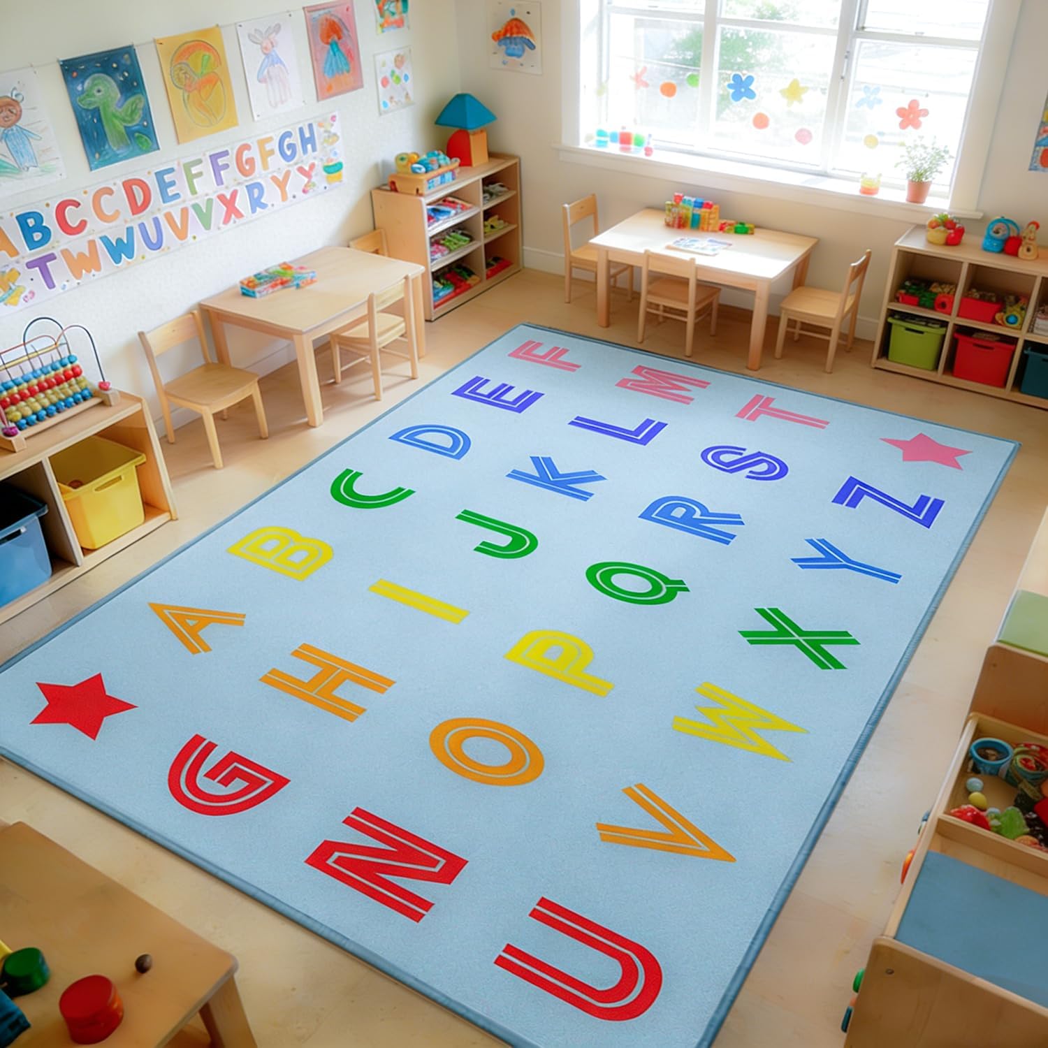 Large Classroom Rug Elementary 13'x7'7'', Blue Rug for Classroom Library, Carpet with Learning Alphabet for Preschool Kindergarten, Kid Rugs for Playroom, Seats 28(Light Blue,Fire Proof)