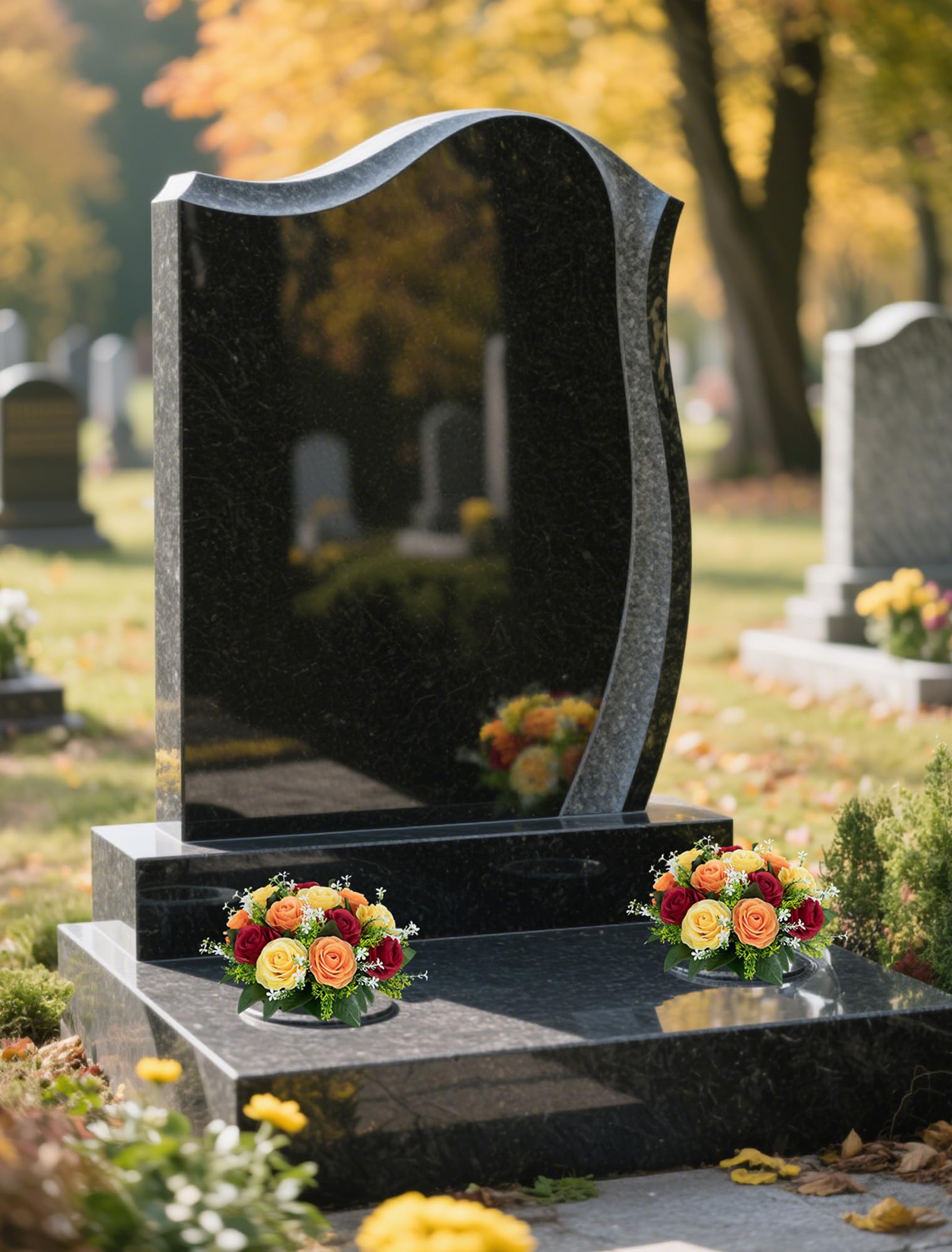BLOSMON Künstliche Blumen im Topf für Grabschmuck: 2 Stücke Rot Gelb Orange Kunstblumen Künstlich Rosen Grabgestecke mit Vase für Grab Friedhof Deko Grabgesteck mit Grabvase für Grabstein Grabdeko