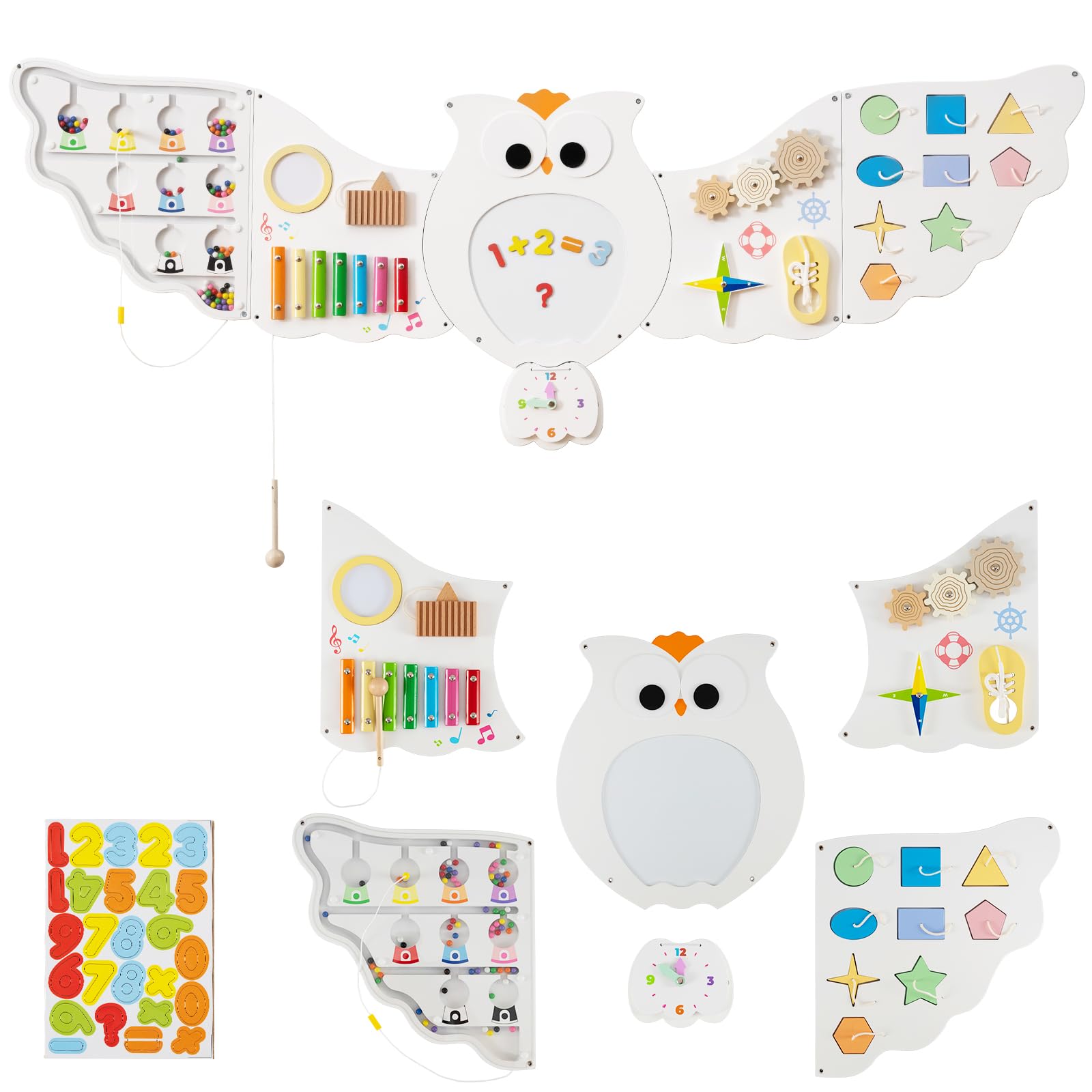 DREAMADE Busy Board Montessori, Planche d'Activités en Bois pour Enfants de 3+ Ans, Tableau Sensoriel avec 5 Tableaux, Jeux Educatif pour Salle de Jeux, Maternelle (Blanc Hibou)