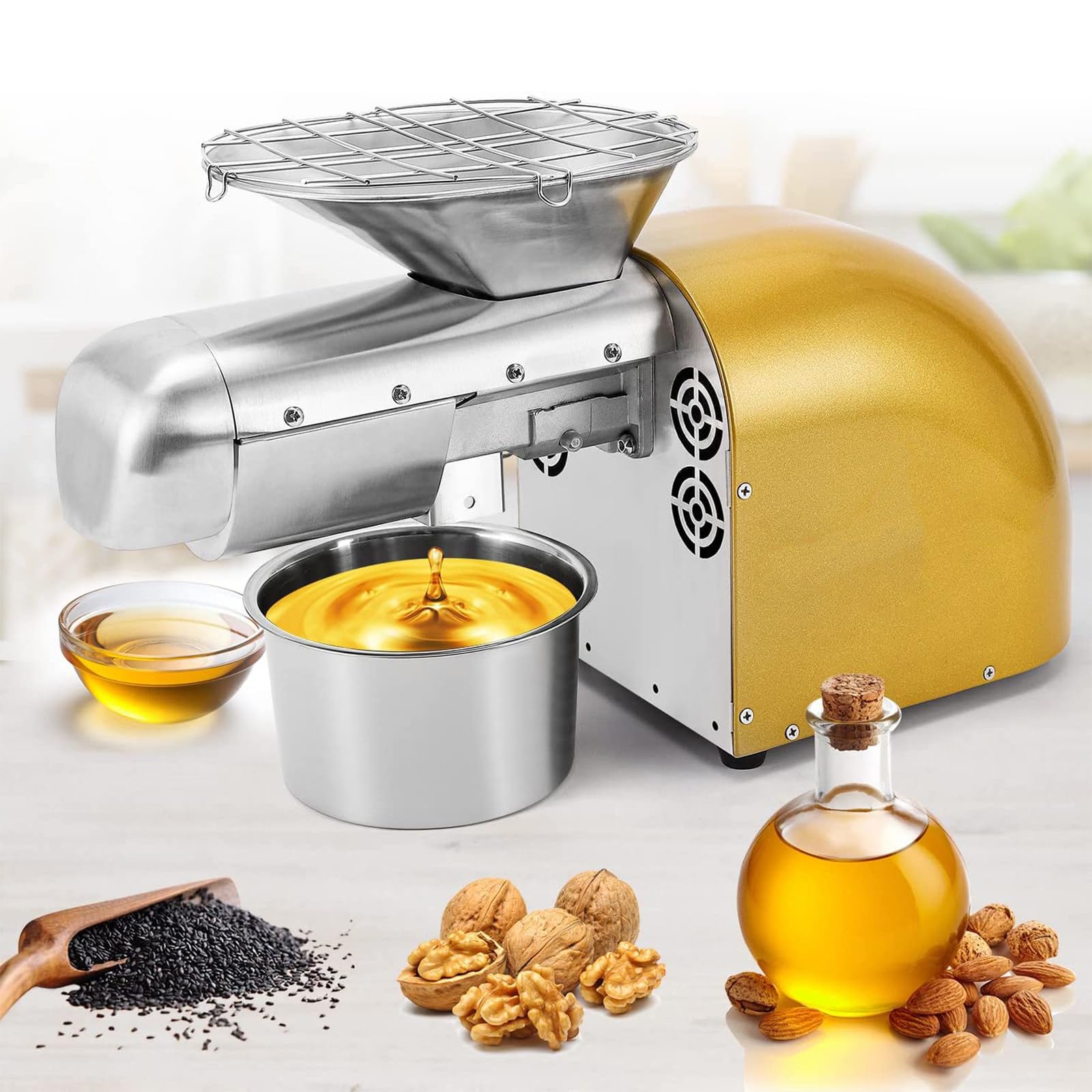 SENJINGHUA 1800W Oil Press Machine, Commercial Electric Oil Extractor for Cold & Hot Pressing, Temperature Control 32~572°F, Stainless Steel Construction, 13-19LBS/H Gold
