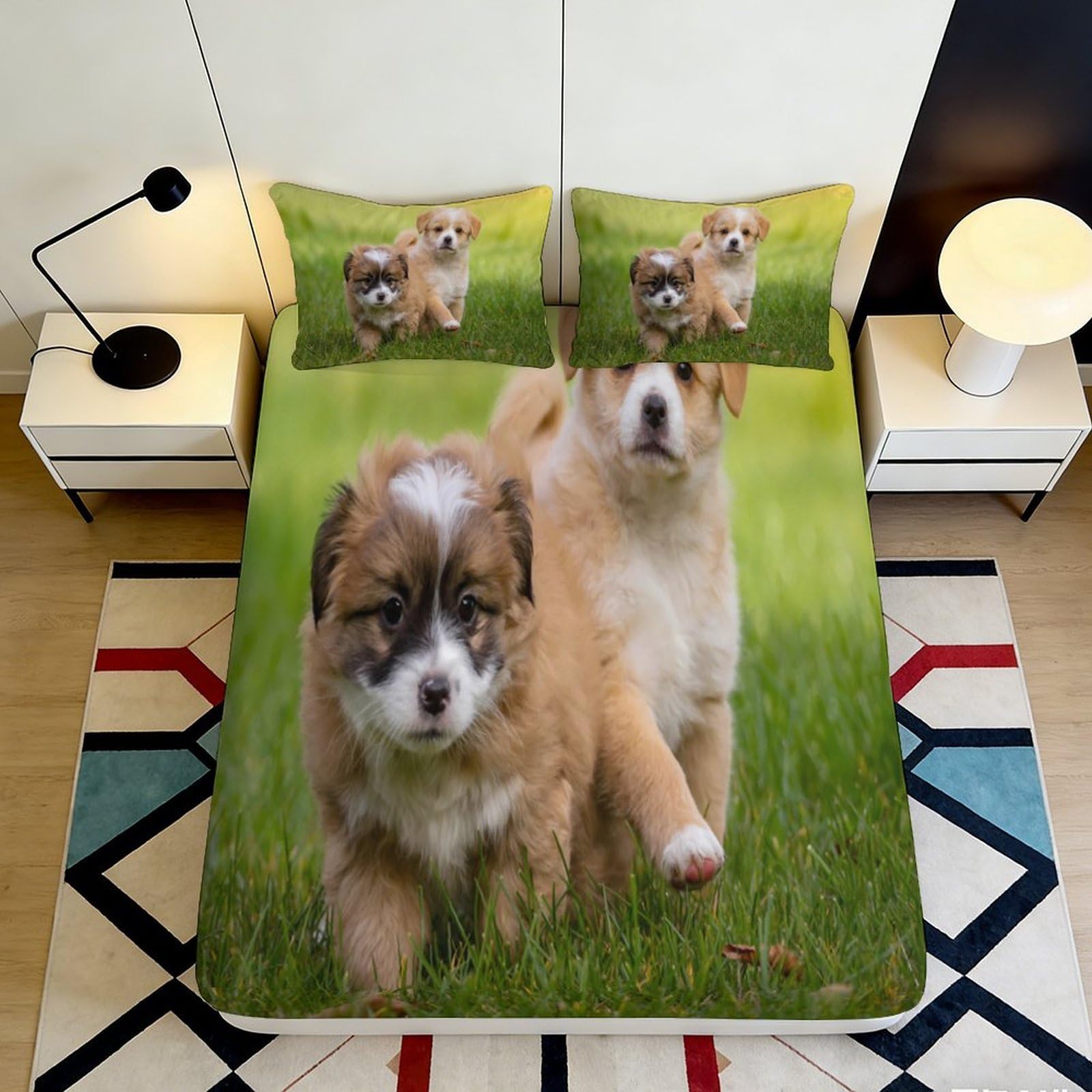 3D Printed Cute Puppies Fitted Sheet Microfiber Soft Breathable Puppy Dogs Bed Cover for Bedroom Dormitory Guest Room Mattress Protection Decor 120x200x25cm