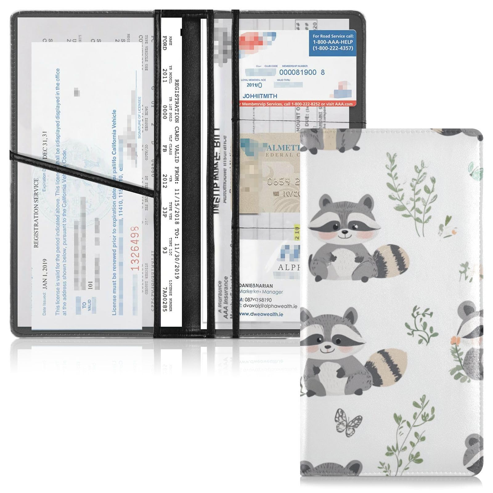 Premium Leather Auto Registration Insurance & ID Card Holder Men Women Auto Truck Comparment Accessories Case for Cards, Essential Document Driver License Cute Raccoon