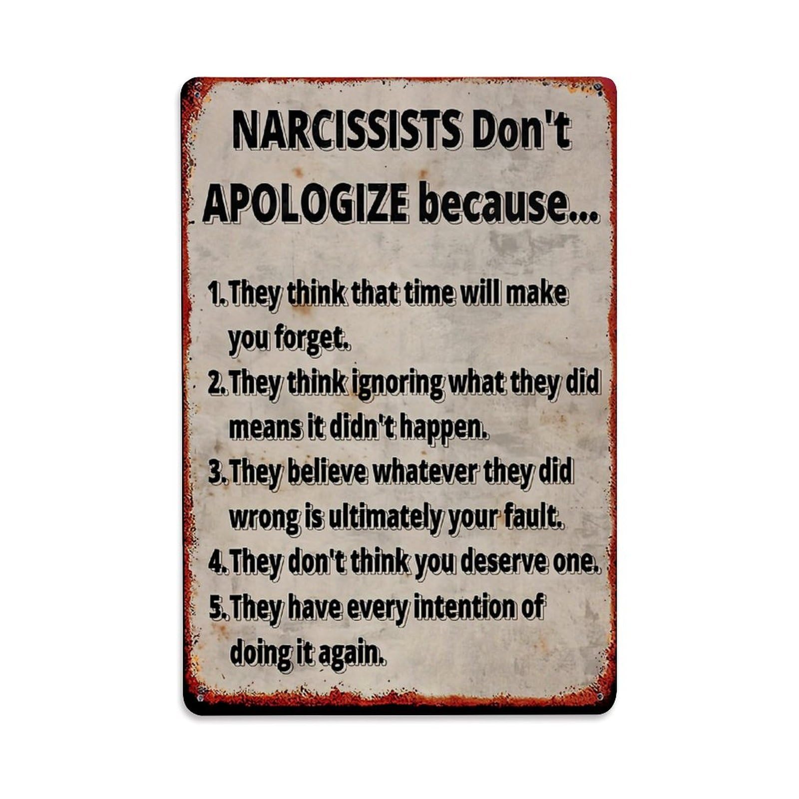 Jdfenggu Vintage Narcissists Dont Apologize Because Reasons Retro Metal Tin Sign, Metal Poster For Bar, Home, Man Cave, Kitchen, Laundry Room Art Decor 8X12 Inch