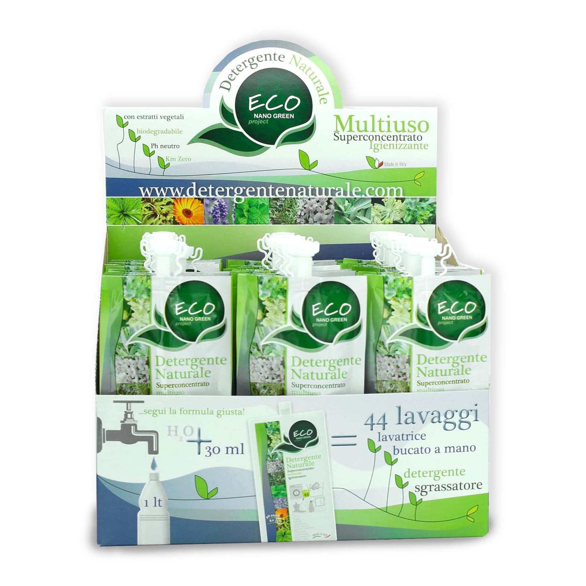 ECONANO GREEN PROJECT - Detergente Biologico Multiuso Superconcentrato 100% Naturale - Formato Risparmio con espositore 36 bustine