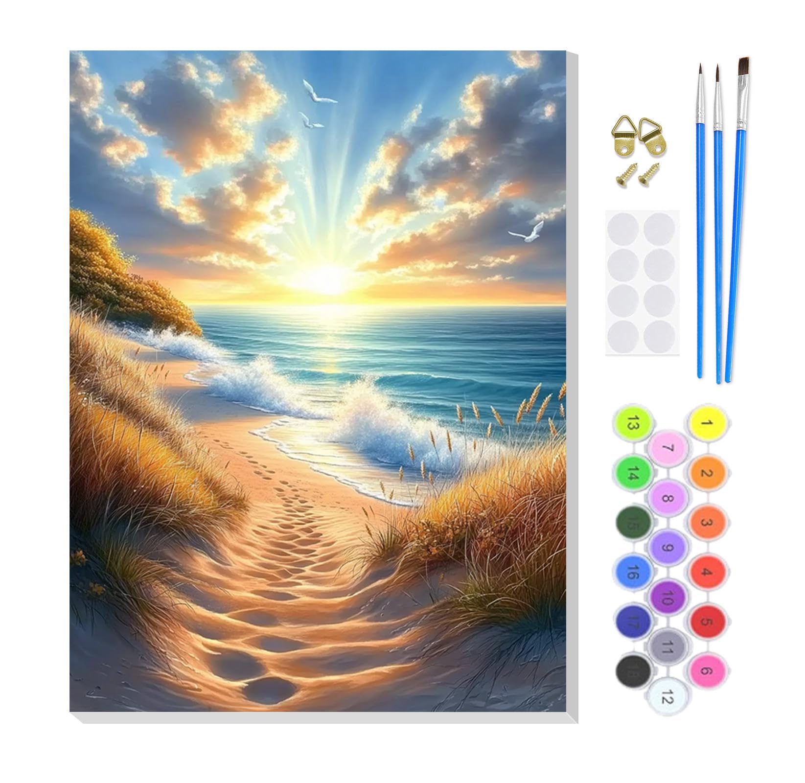 KEYIFA Paint by Numbers for Adults on Framed Canvas,Sunrise at the Seaside Painting by Number Canvas Kits with Acrylic Paint Brushes, DIY Craft Oil Painting Art Kits for Adults, Home Wall Decor