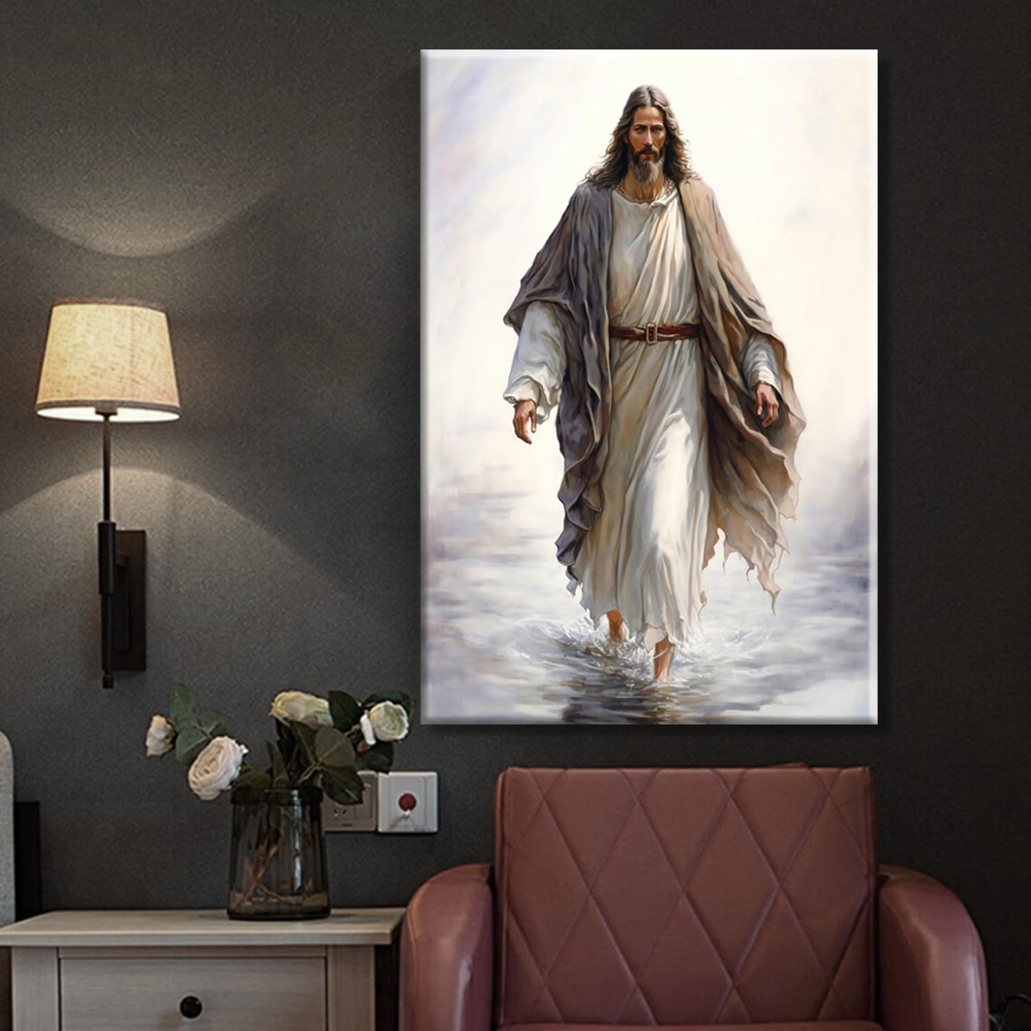 Image Foi Cadre Bois Tableau Jésus Marchant Sur L'eau - Toile Encadrée