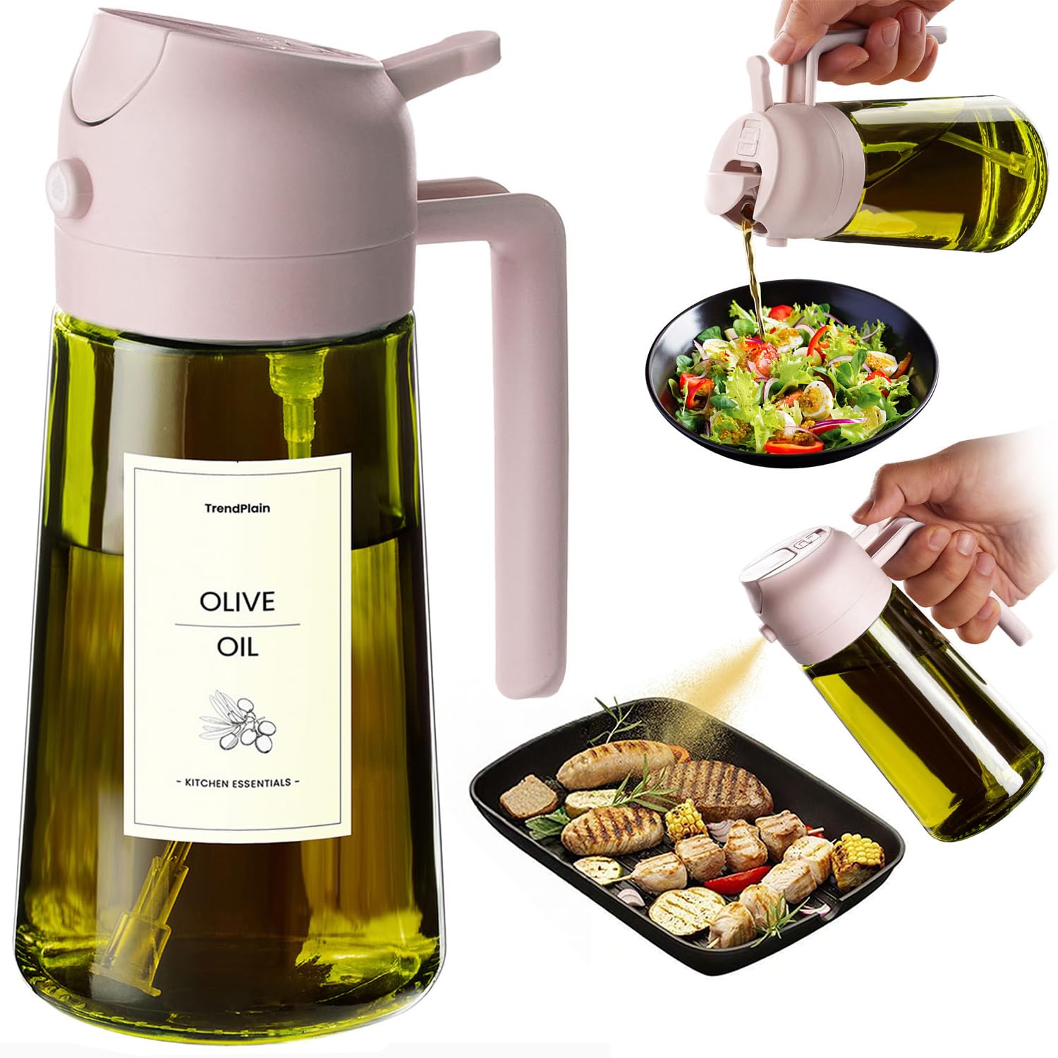 TrendPlain 16oz Ölsprüher für Speiseöl – 470ml Olivenöl Flasche – 2-in-1 Ölspender und Ölsprüher – Küchen Gadgets für Kochen, Salat und Grill