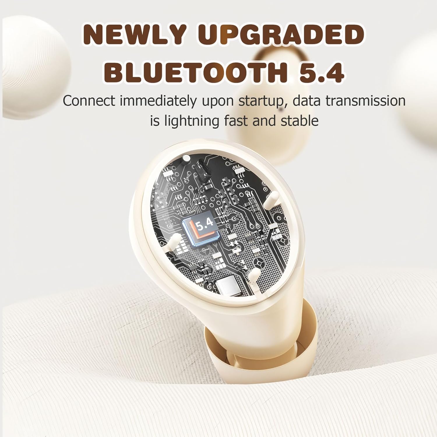 اندروني view of the Xmenha SK40 earbud showing the Bluetooth 5.4 chip, highlighting its upgraded connectivity.