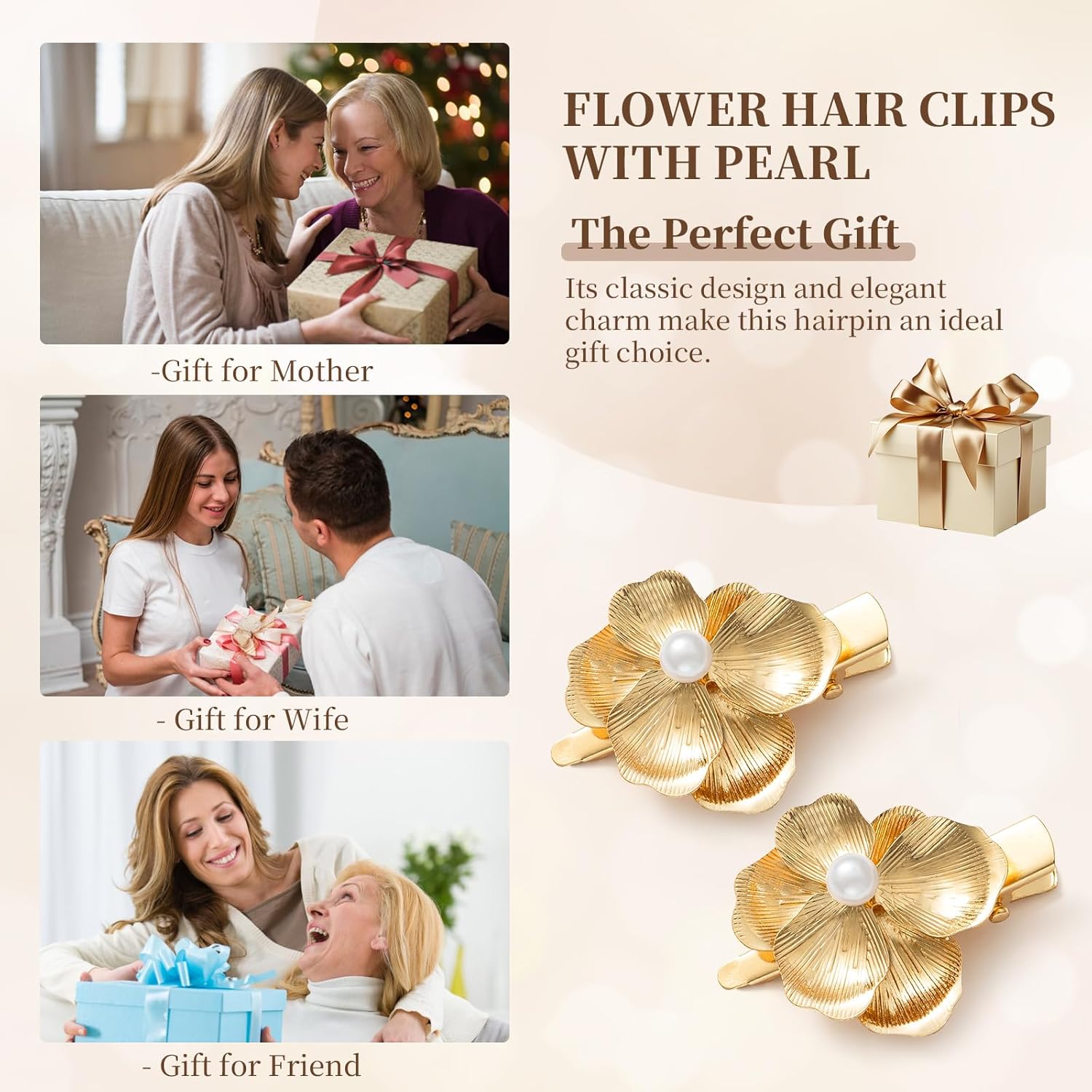6 Pack Gold Flower Hair Clips for Girls, Small Hair Claw Clips with Pearl Accents, Metal Alligator Hair Barrettes Hair Clips for Styling - Gift Ready Floral Hair Accessories for Women - Image 6