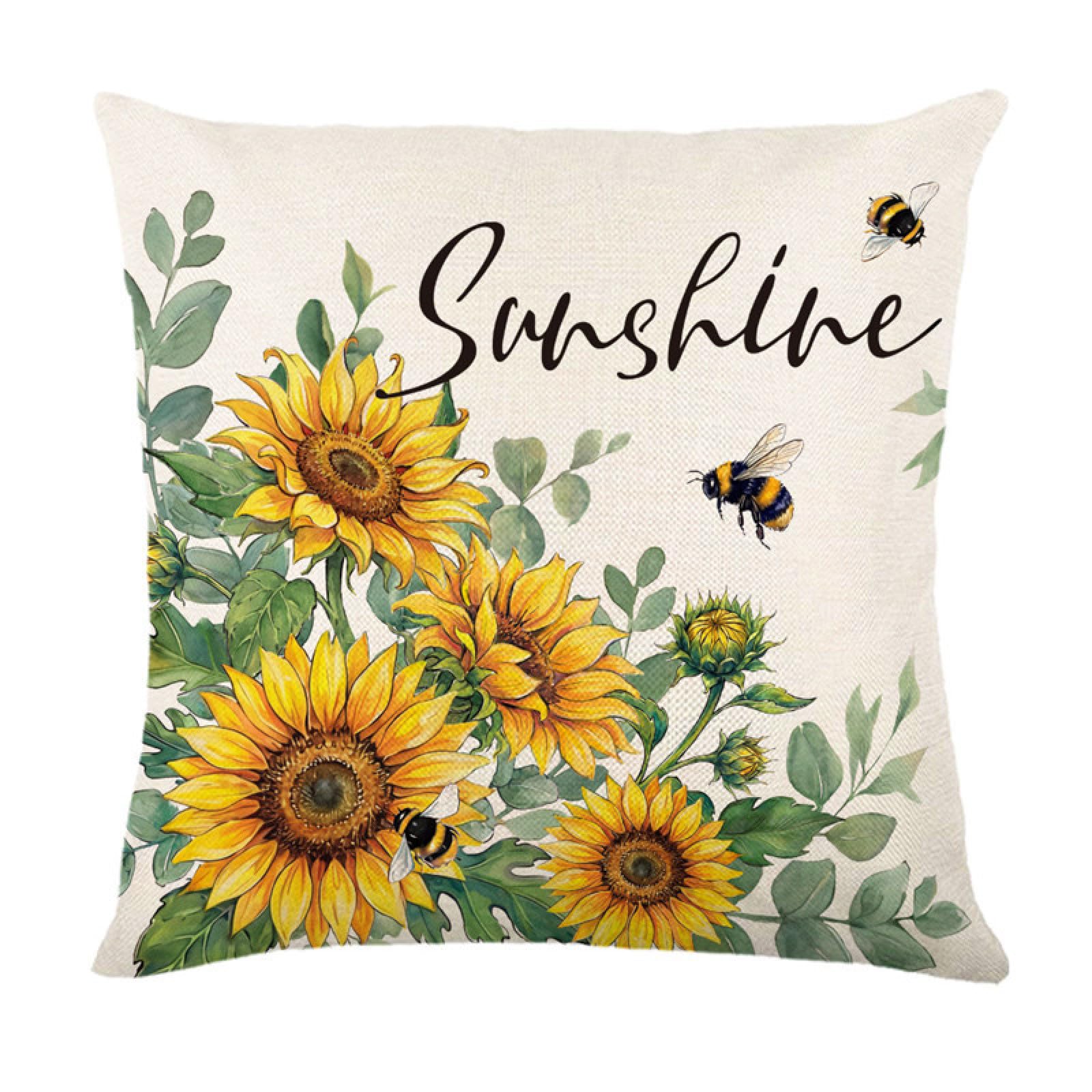 Cushion Covers 50cm x 50cm Sunflower Yellow Bee Decorative Pillows with Invisible Zipper Garden Cushions Square Linen Scatter Cushions Comfortable Breathable Pillow Cover