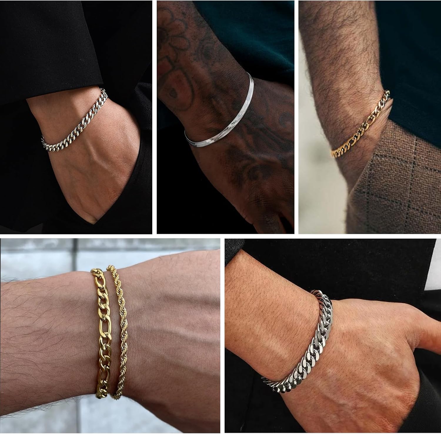 Zocomi 6 Pcs Chain Bracelet for Men, Stainless Steel Cuban Curb Link Rope Paperclip Figaro Herringbone Chain Bracelets Set Jewelry Gifts for Man Woman Boys 7.5/8.3/9 Inches - Image 2