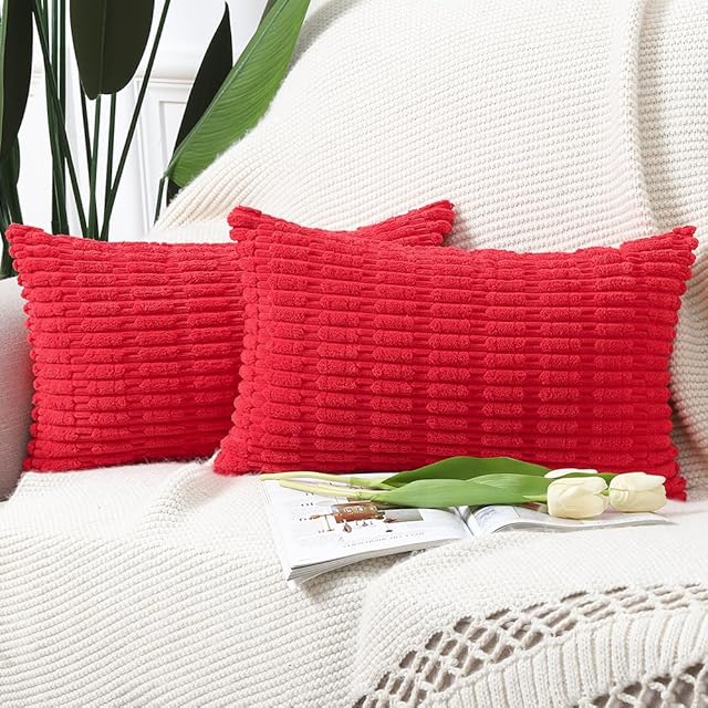 Madizz Pack of 2 Boho Striped Corduroy Throw Pillow Covers 12x20 Inch Red Soft Decorative Cushion Cover for Sofa Bedroom Pillow Shell