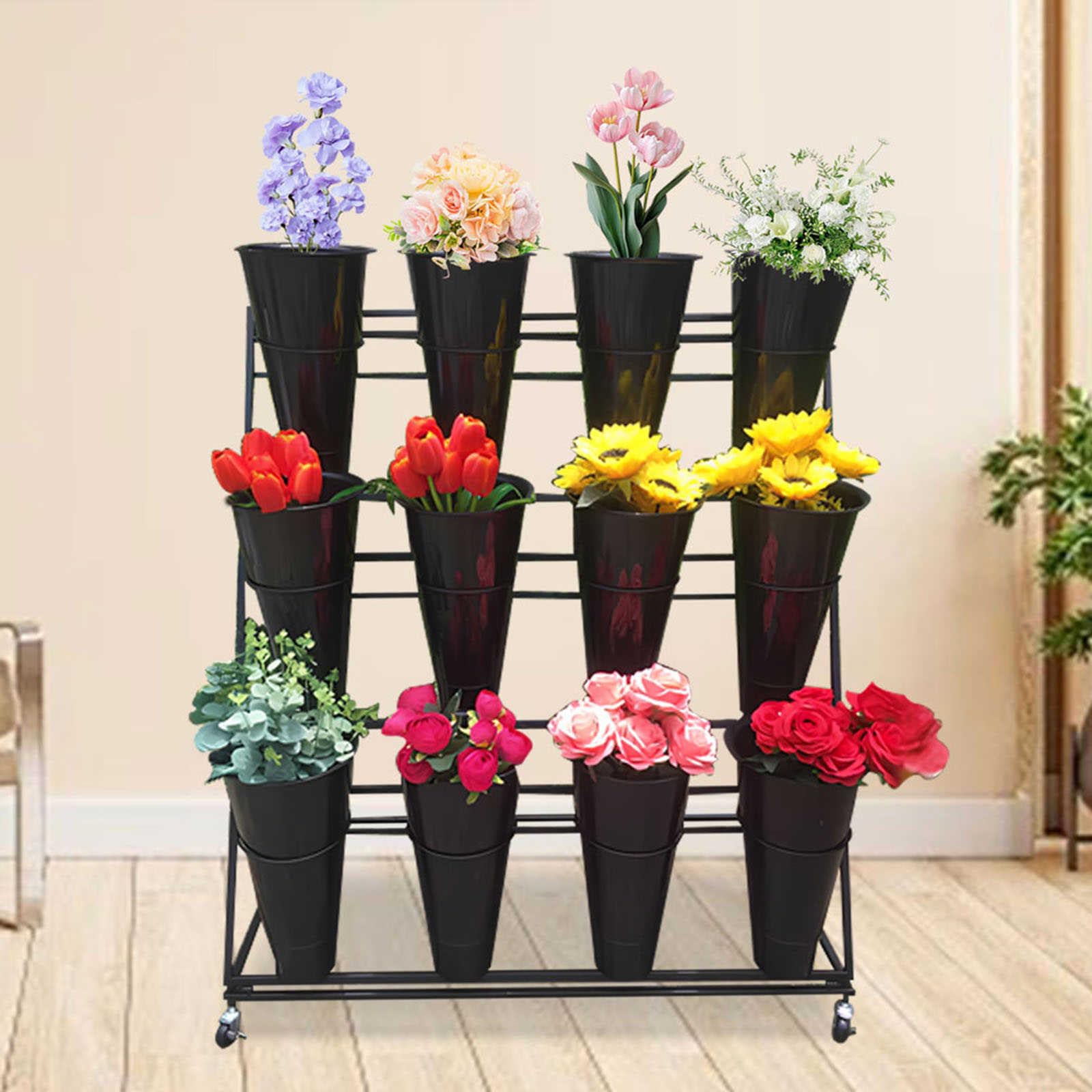 YUANCHUTOP 3-Tier Flower Cart with Buckets - Mobile Plant Stand on Swivel Wheels & Brakes, Perfect for Indoor/Outdoor Display, Ideal for Florists & Garden Lovers