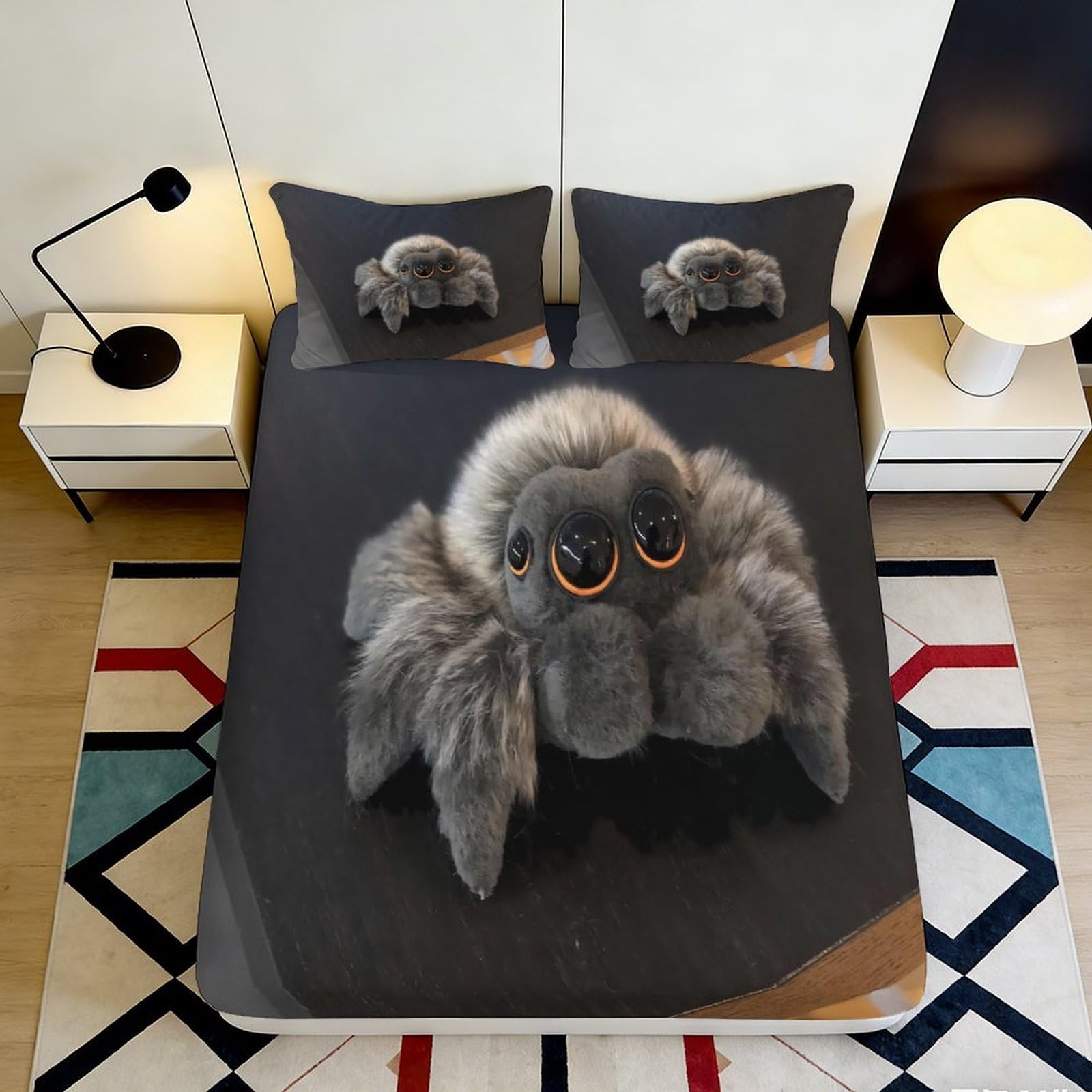 3D Printed Cute Furry Spider Fitted Sheet Microfiber Soft Black Cartoon Bed Cover for Bedroom Dorm Mattress Decor 90x200x25cm