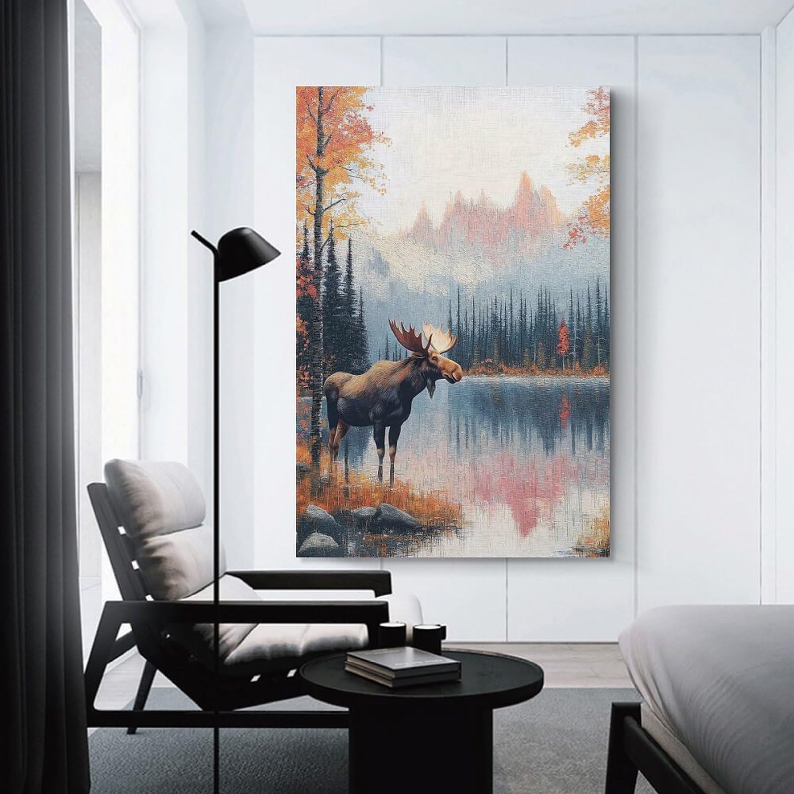 Junmoney Moose by A Lake in Autumn Decorative Canvas Print 24x36inch(60x90cm), for Study, Office Or Focused Interiors, Wall Art That Adds Style to Work Areas