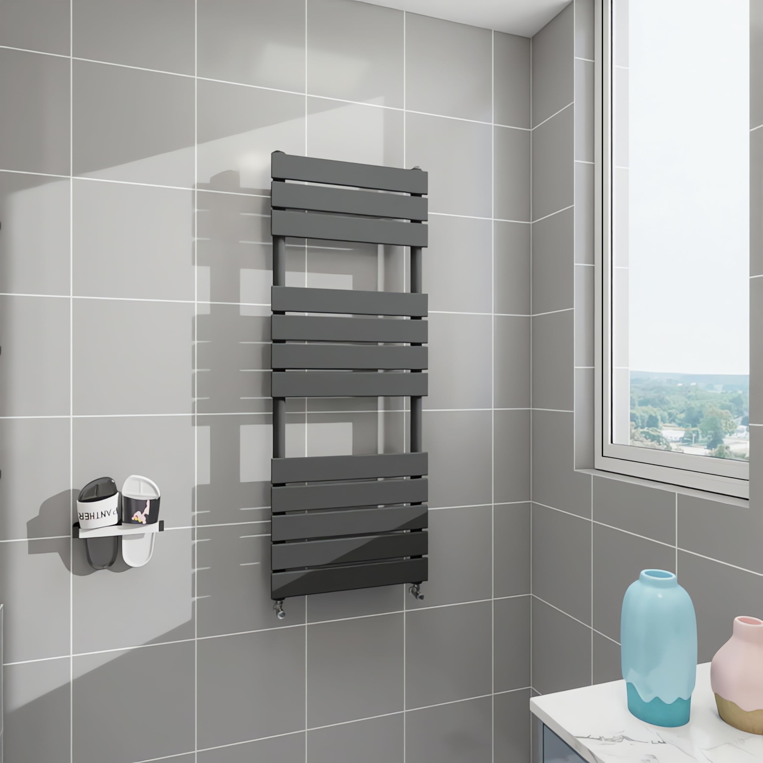 Simple Bathrooms Anthracite Morden Bathroom Flat Panel Heated Towel Rail Radiator,Wall Mounted Central Heating Ladder Rad 1200X450mm