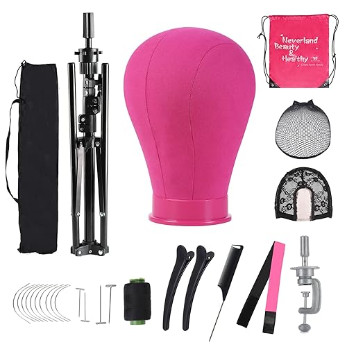 Neverland Beauty & Health Trípode para peluca con cabeza, soporte de cabeza de peluca roja de 23 pulgadas con cabeza de maniquí, cabeza de lona para