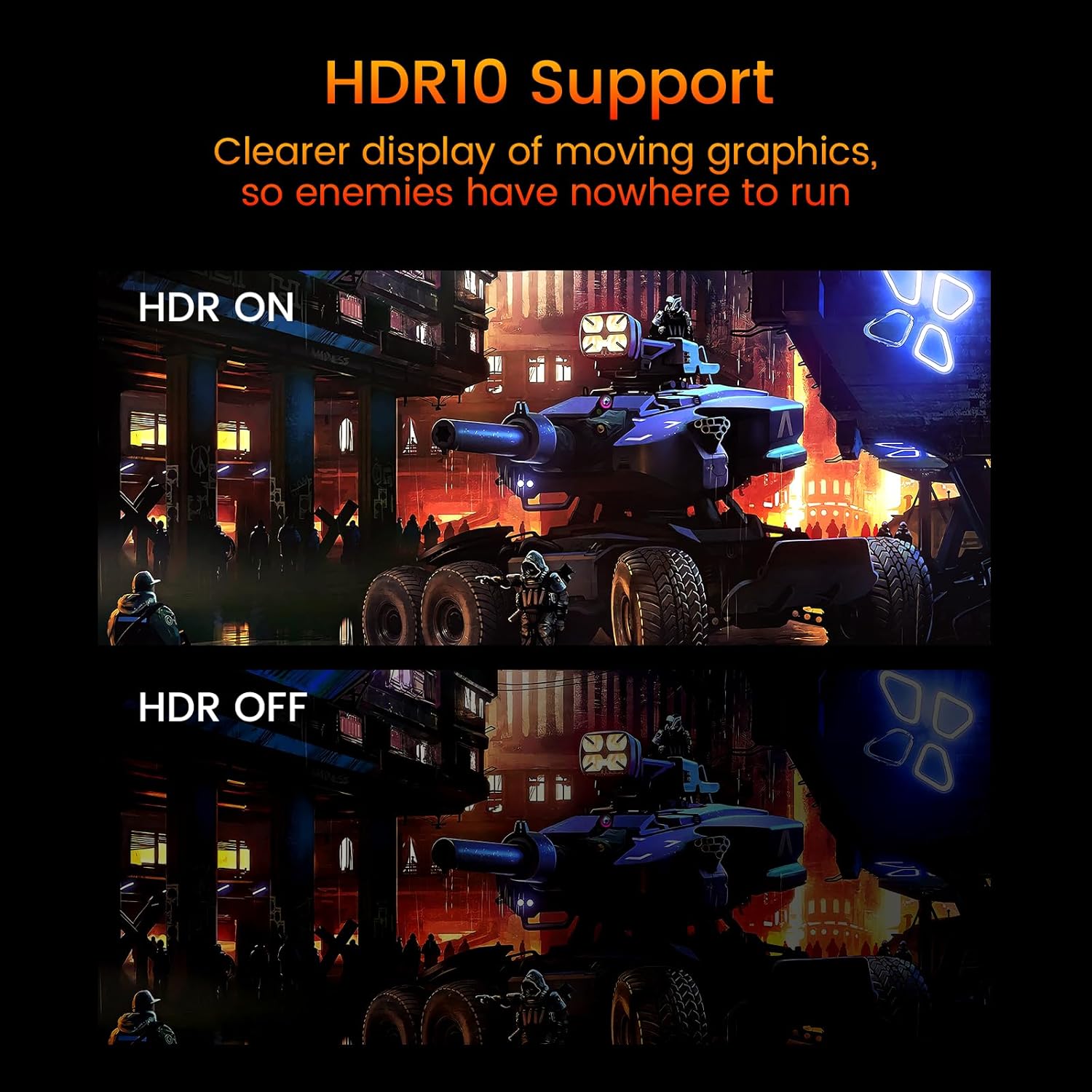 Comparison showing improved clarity and detail with HDR10 support enabled versus disabled.