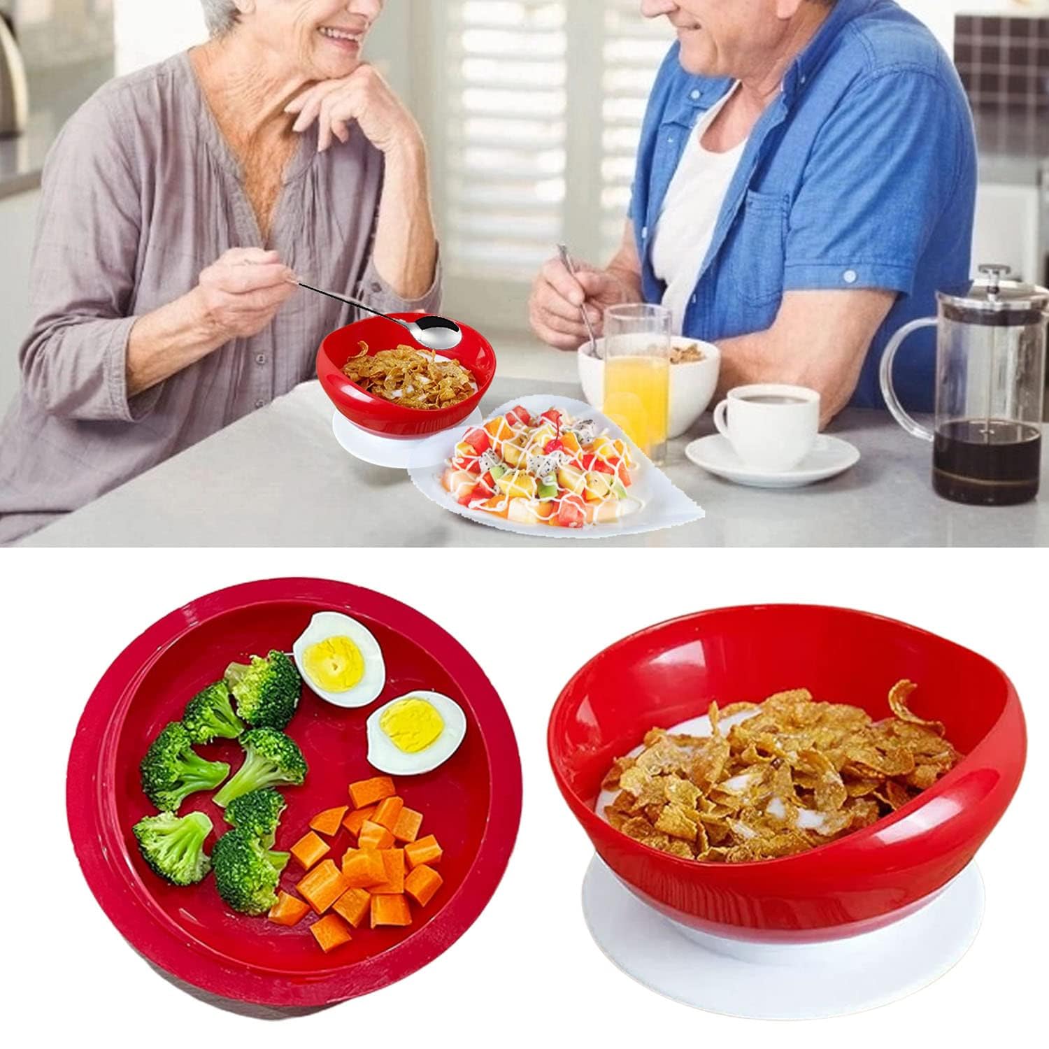 Plato y Cuenco a Prueba de derrames con Base de Ventosa, Plato Antideslizante para Adultos discapacitados, Cuenco de autoalimentación Adaptable para Personas Mayores(2 Plate+2 Bowl)